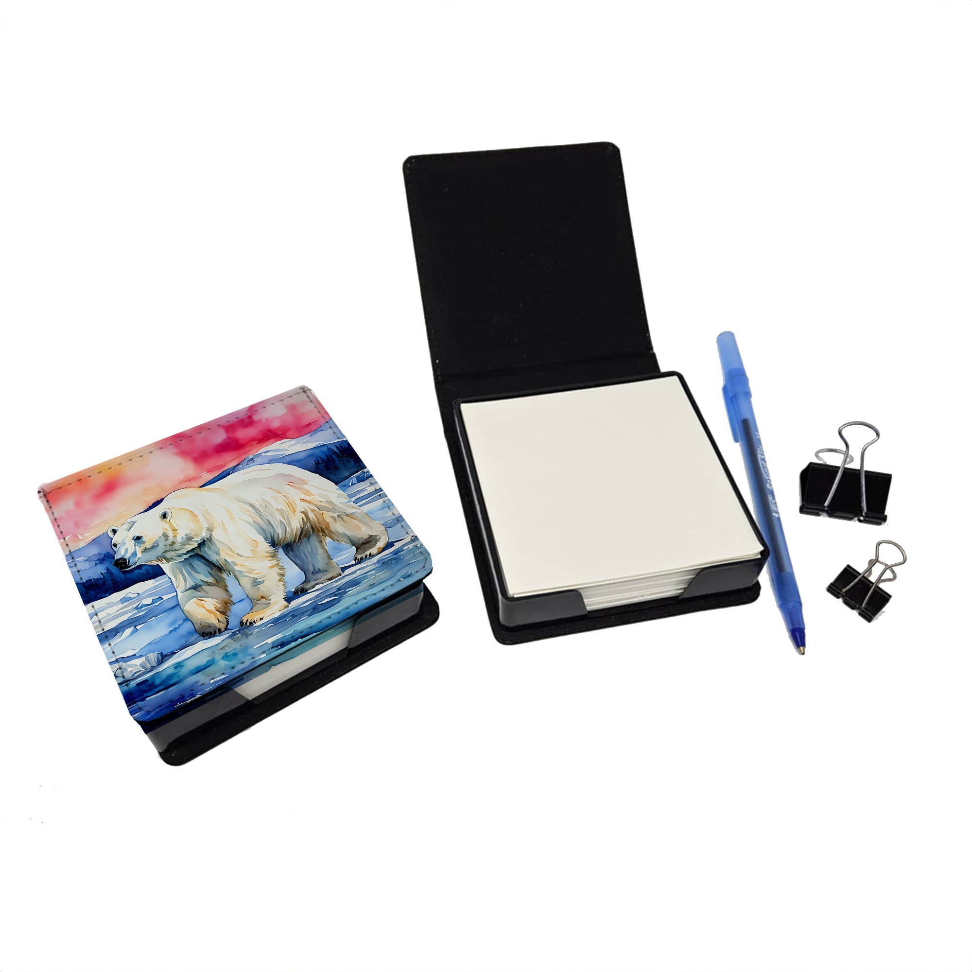 Polar Bear PU Leather Note Paper Holder with Artist-Designed Cover, Desk Accessory, Office Gift