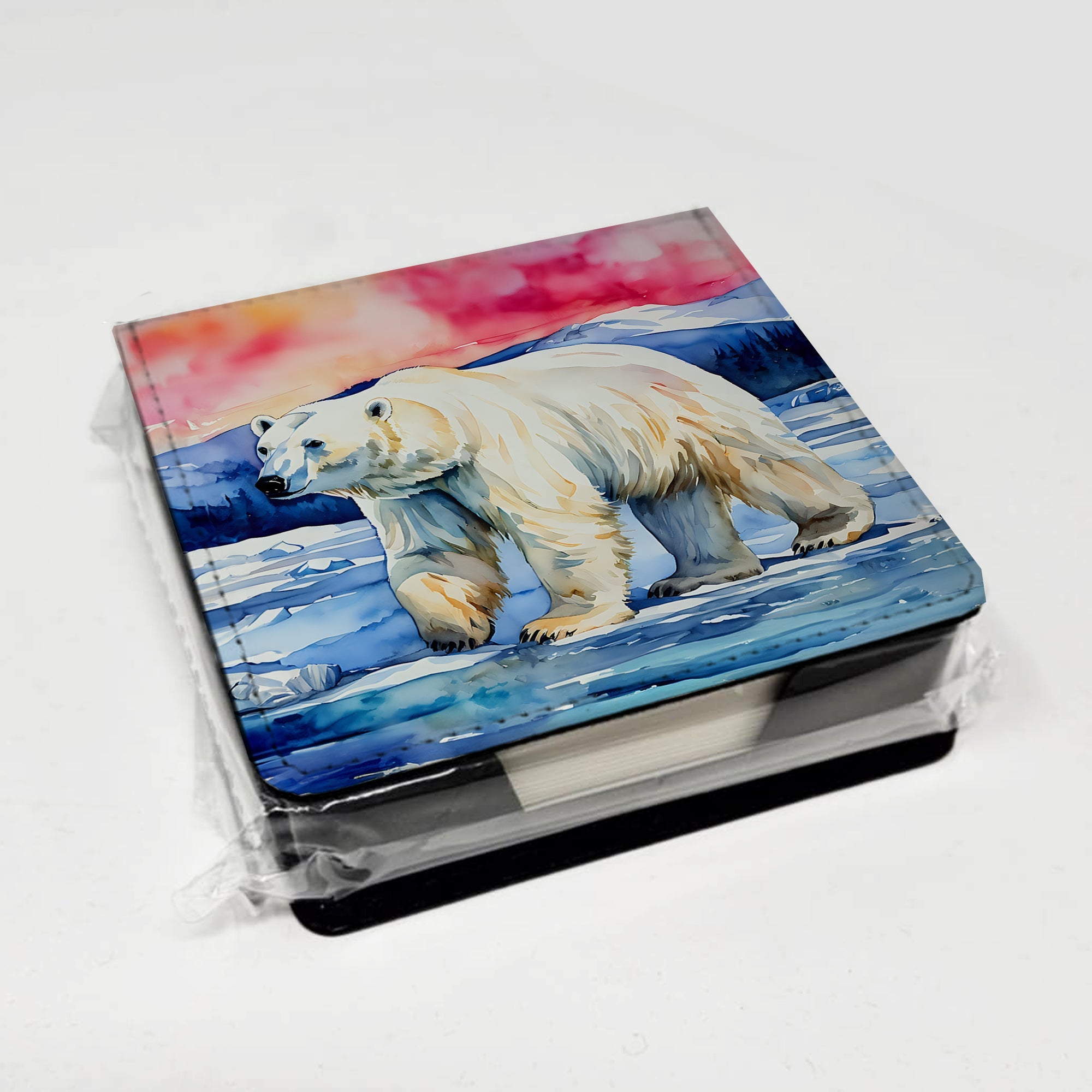 Polar Bear PU Leather Note Paper Holder with Artist-Designed Cover, Desk Accessory, Office Gift