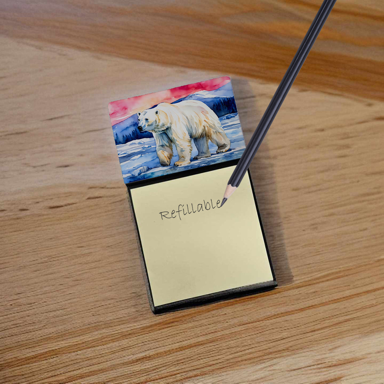 Polar Bear Watercolor Sticky Note Holder Refillable Dispenser Desk Accessory 3x3 Pad Gift