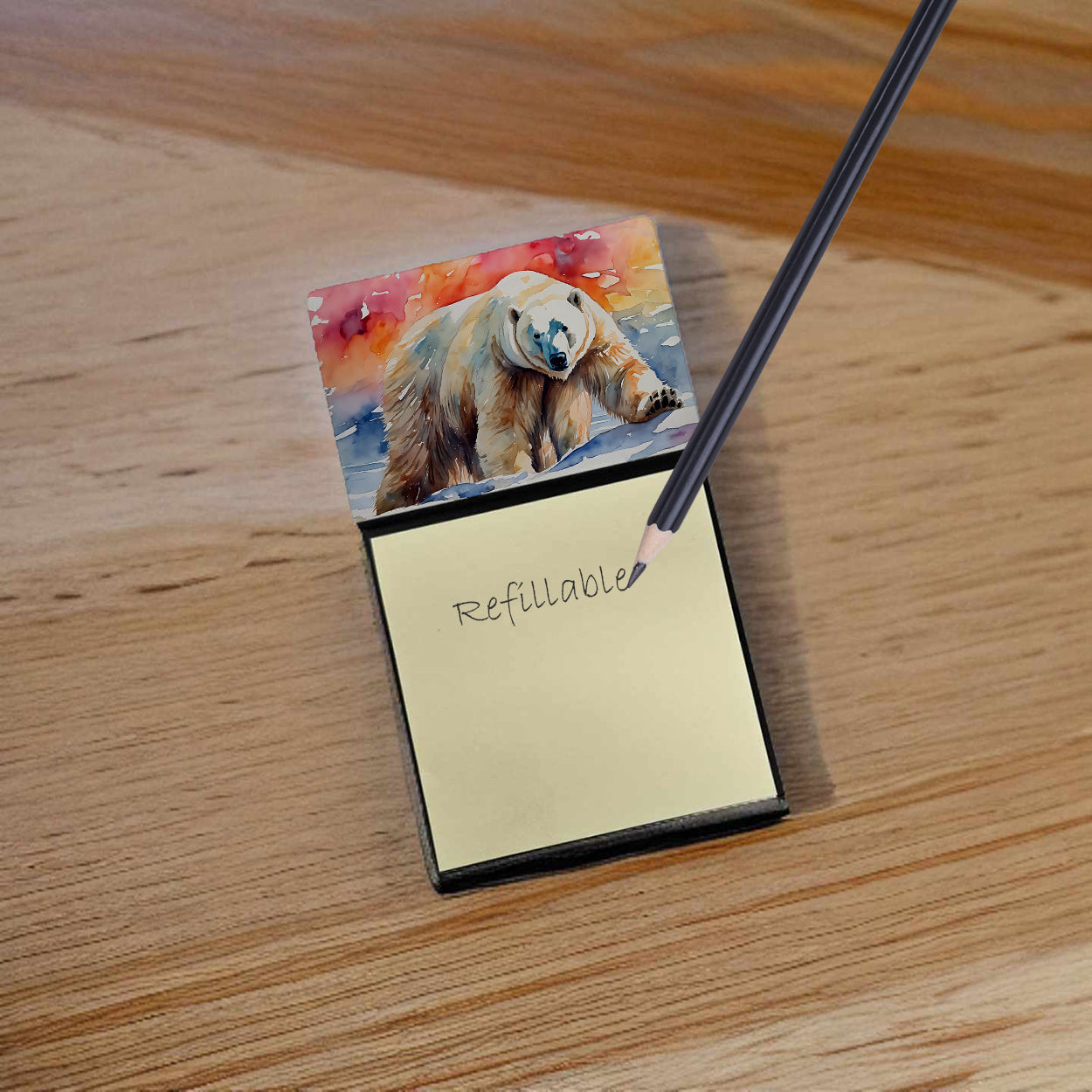 Polar Bear Watercolor Sticky Note Holder Refillable Dispenser Desk Accessory 3x3 Pad Gift