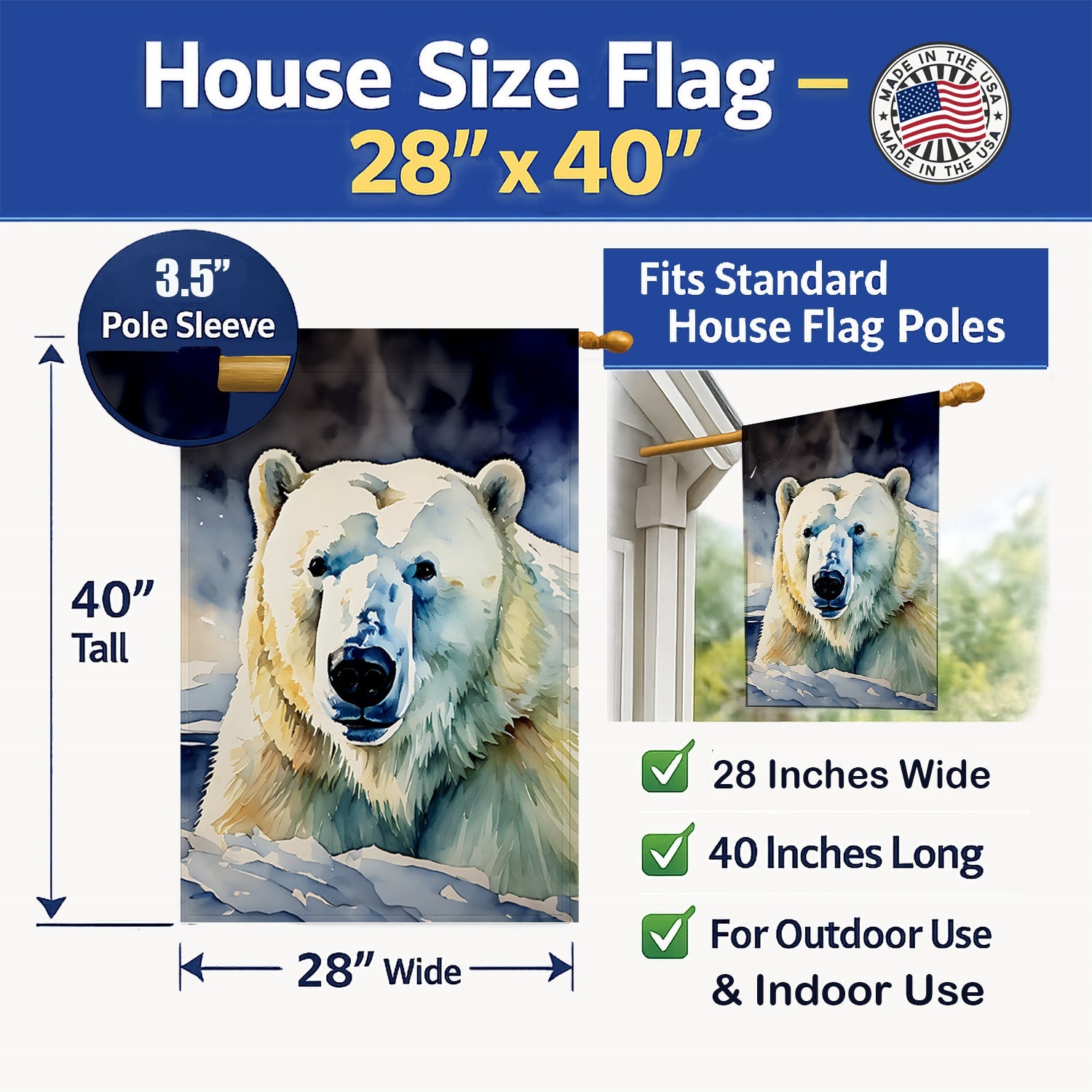 Polar Bear House Flag 28x40 Porch Sleeve Pole Decorative Outside Yard Banner Artwork Wall Hanging, Polyester