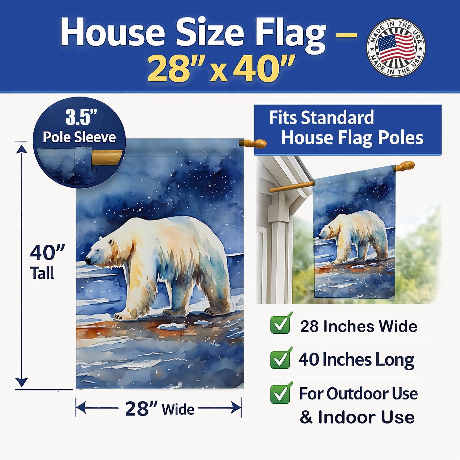 Polar Bear House Flag 28x40 Porch Sleeve Pole Decorative Outside Yard Banner Artwork Wall Hanging, Polyester