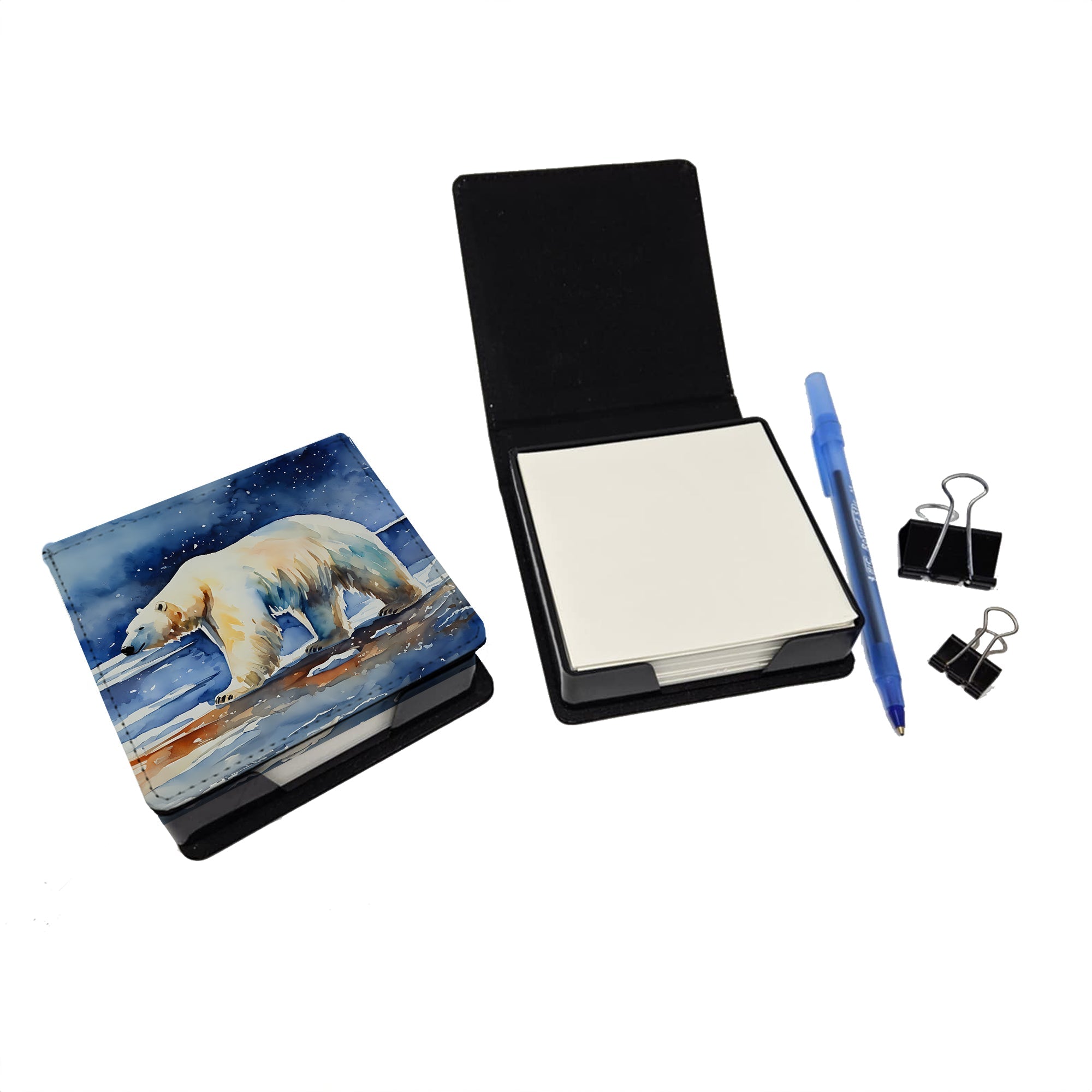 Polar Bear PU Leather Note Paper Holder with Artist-Designed Cover, Desk Accessory, Office Gift
