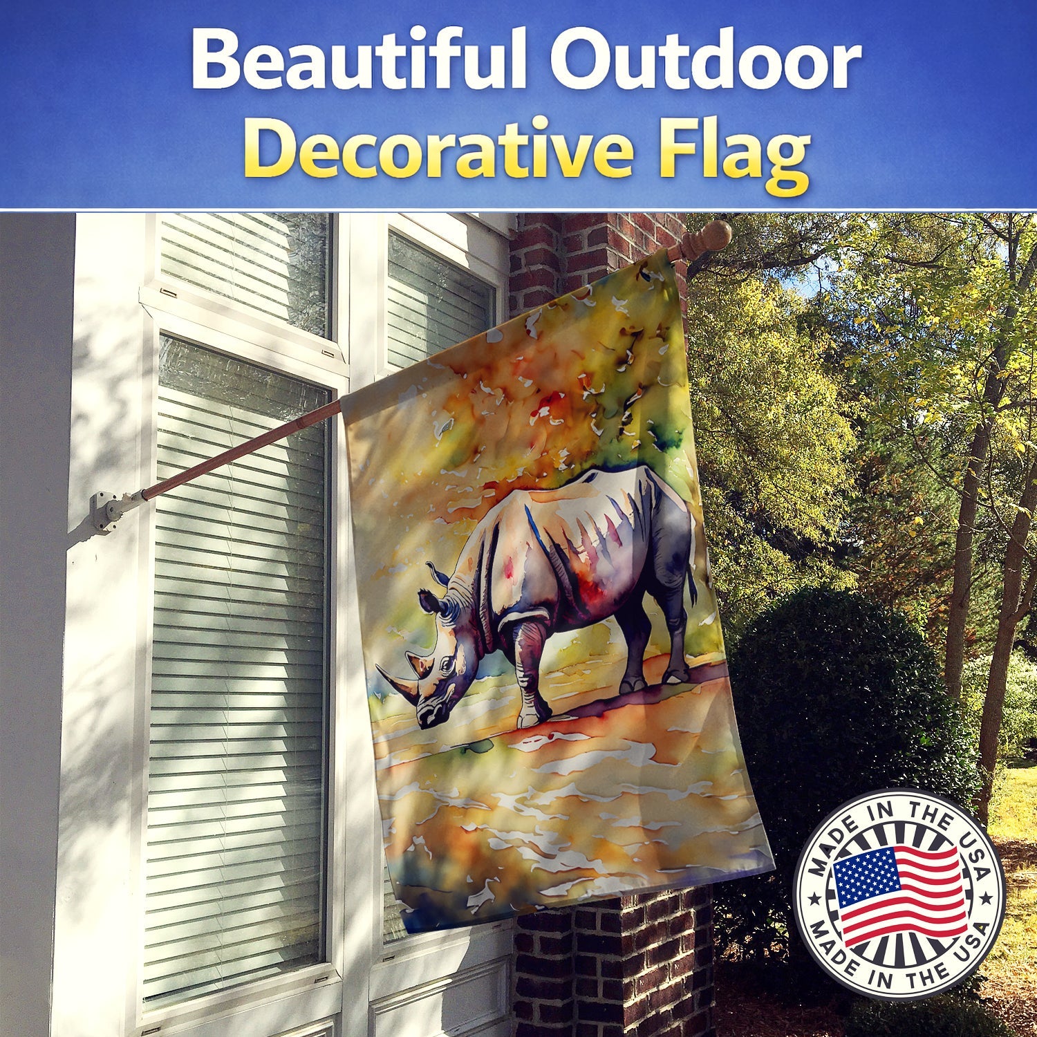 Rhinoceros House Flag 28x40 Porch Sleeve Pole Decorative Outside Yard Banner Artwork Wall Hanging, Polyester