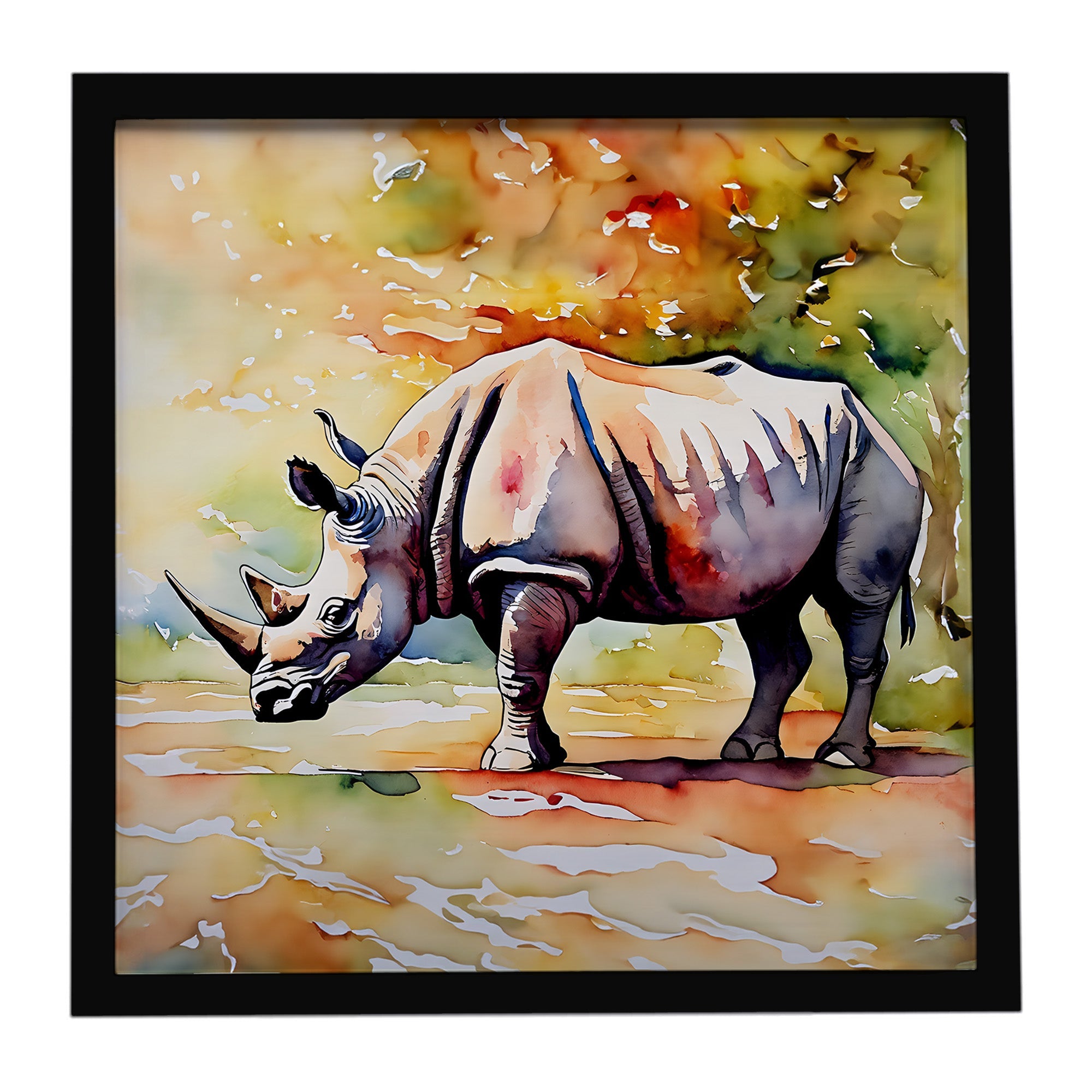 Rhinoceros Framed Metal Print Bathroom, Kitchen, Office, Home Decor Wall Art Ready to Hang, Square, 8X8
