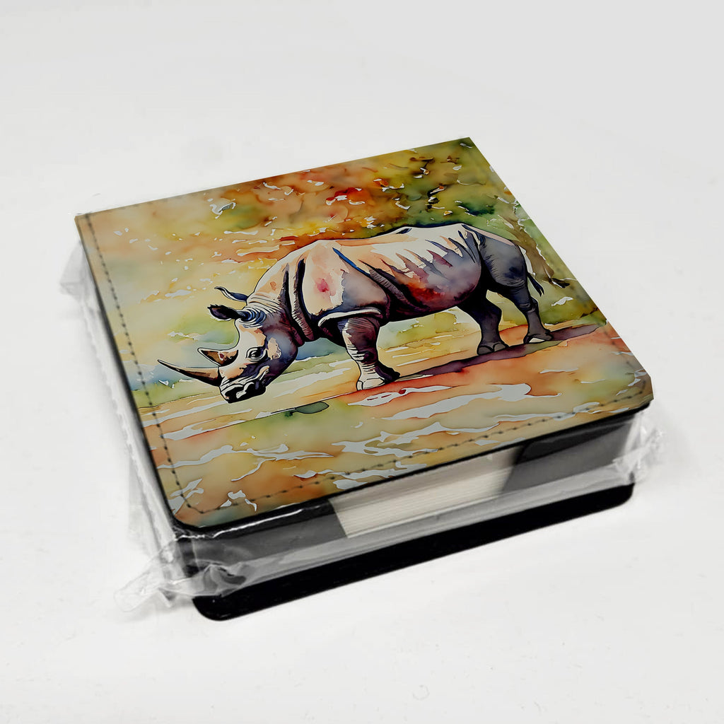 Rhinoceros PU Leather Note Paper Holder with Artist-Designed Cover, Desk Accessory, Office Gift