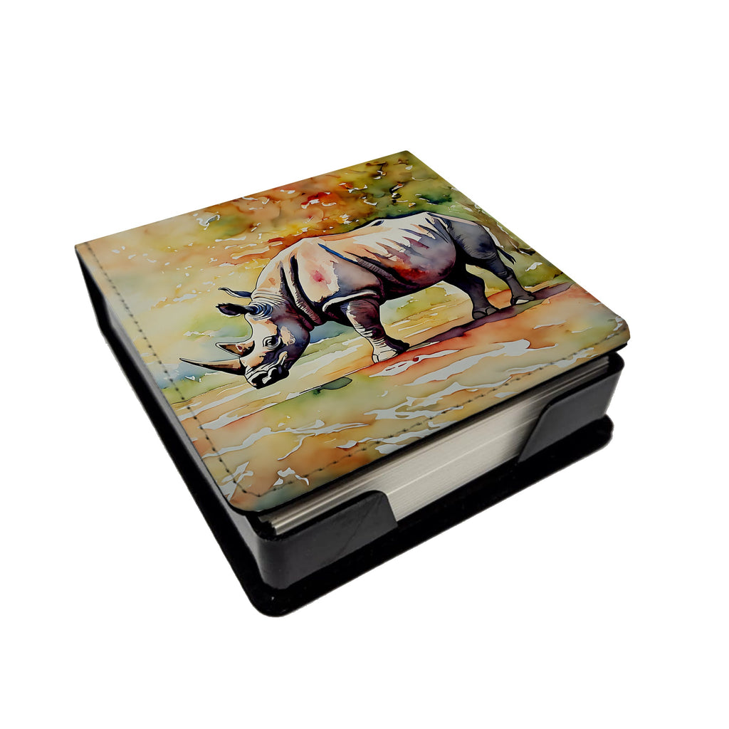 Rhinoceros PU Leather Note Paper Holder with Artist-Designed Cover, Desk Accessory, Office Gift