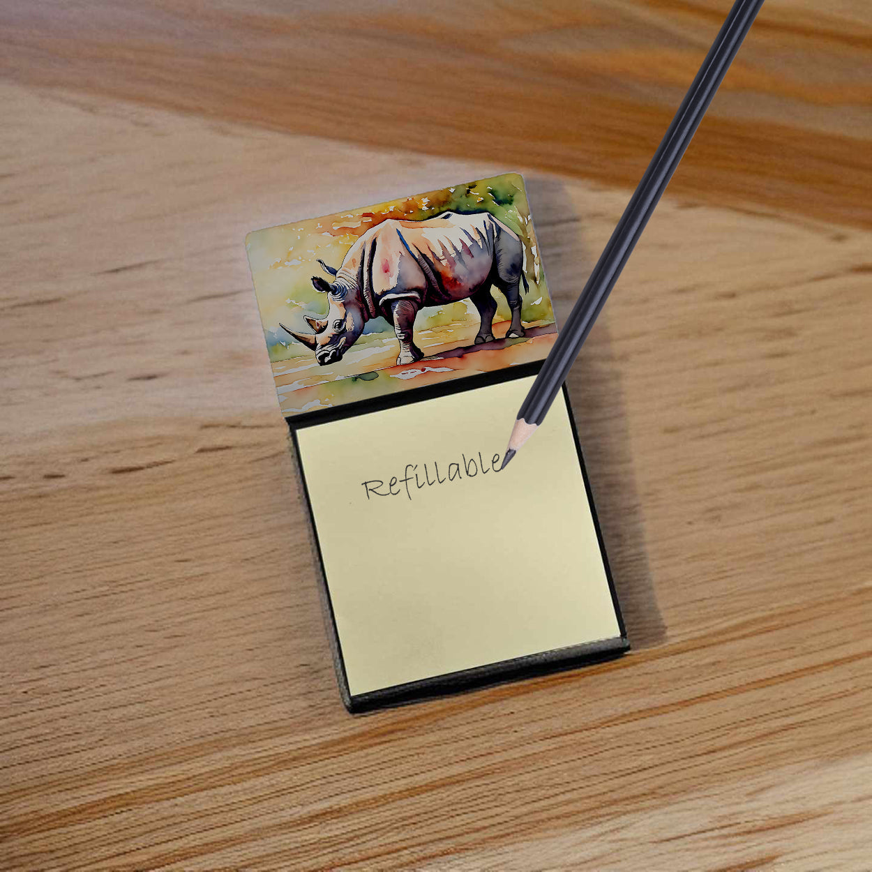 Rhinoceros Watercolor Sticky Note Holder Refillable Dispenser Desk Accessory 3x3 Pad Gift