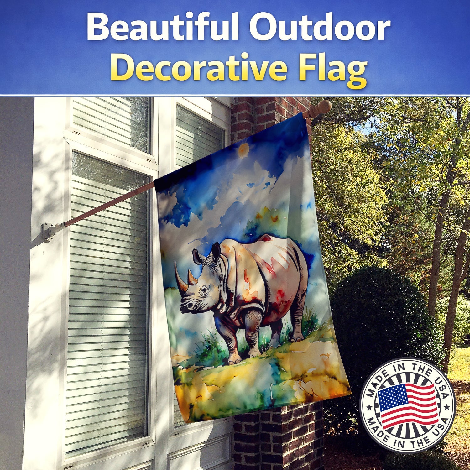 Rhinoceros House Flag 28x40 Porch Sleeve Pole Decorative Outside Yard Banner Artwork Wall Hanging, Polyester