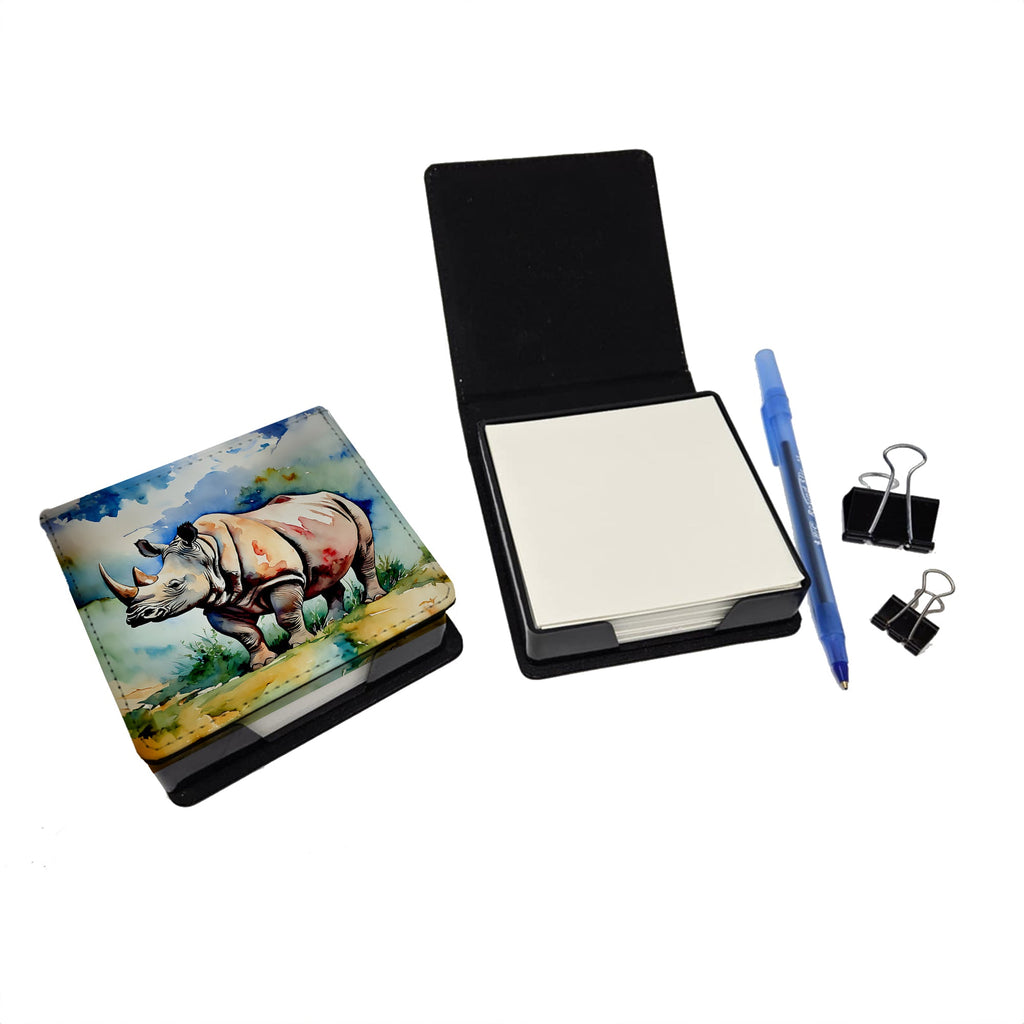 Rhinoceros PU Leather Note Paper Holder with Artist-Designed Cover, Desk Accessory, Office Gift