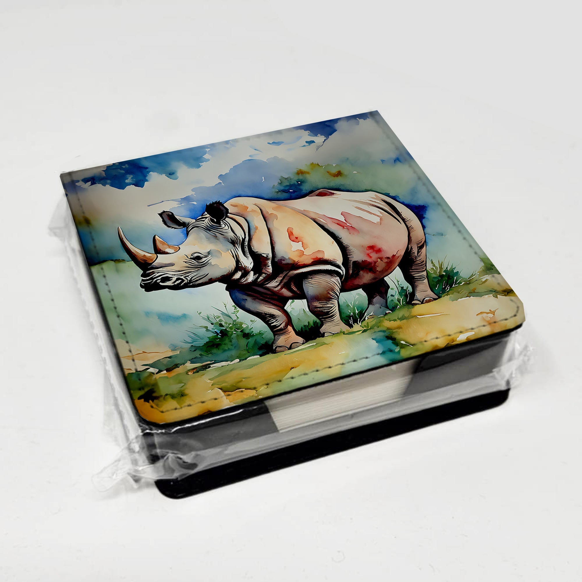 Rhinoceros PU Leather Note Paper Holder with Artist-Designed Cover, Desk Accessory, Office Gift