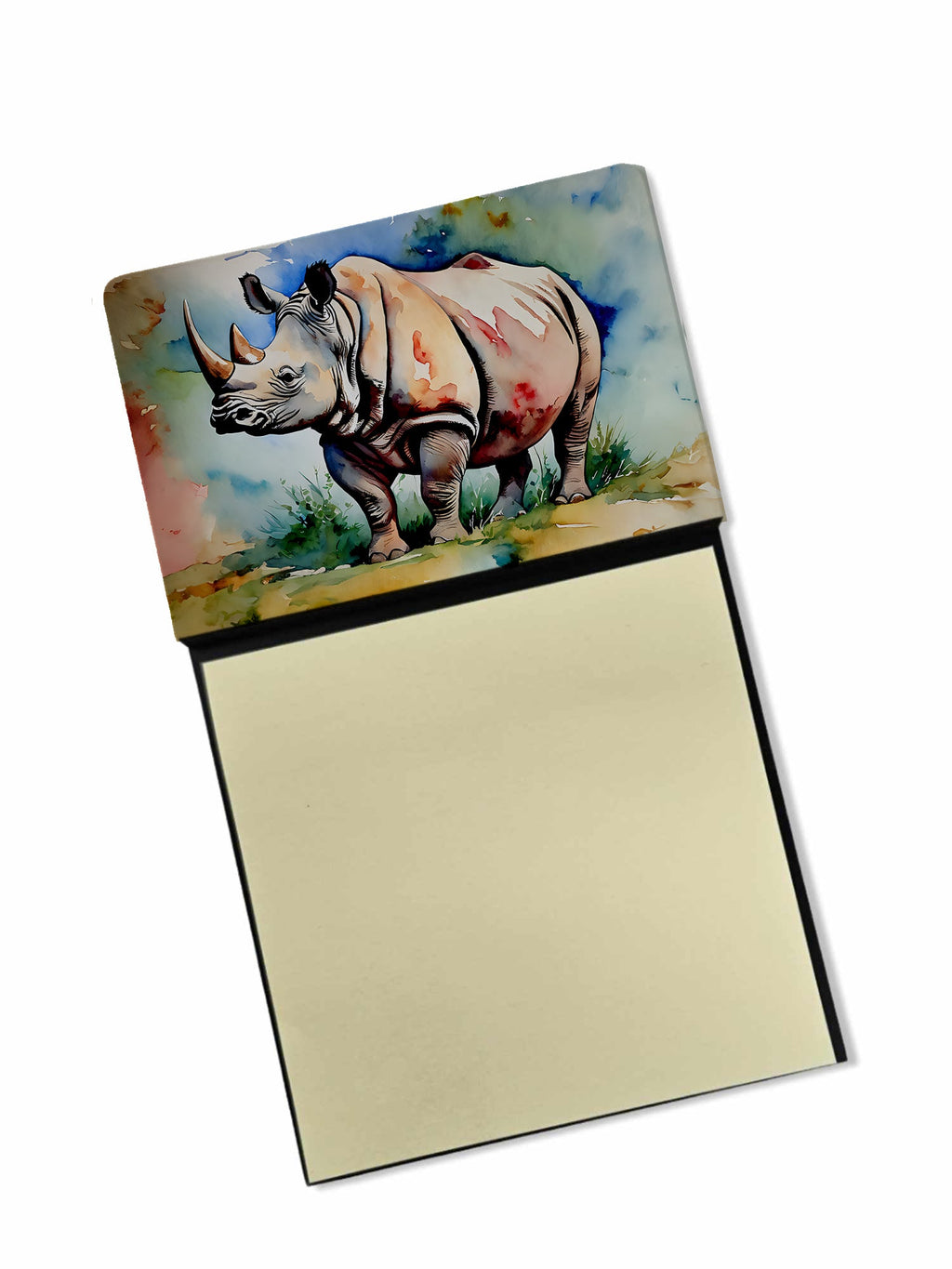 Rhinoceros Watercolor Sticky Note Holder Refillable Dispenser Desk Accessory 3x3 Pad Gift