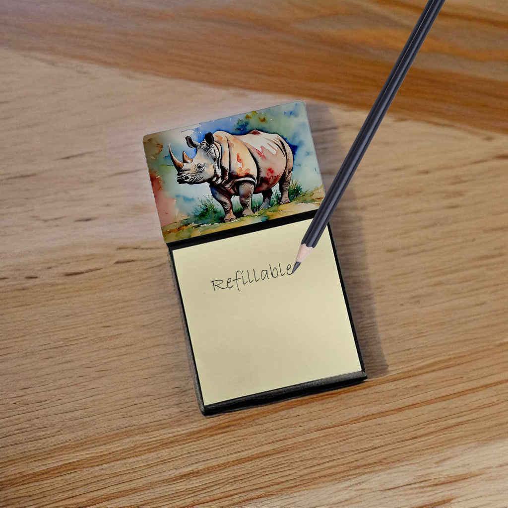 Rhinoceros Watercolor Sticky Note Holder Refillable Dispenser Desk Accessory 3x3 Pad Gift
