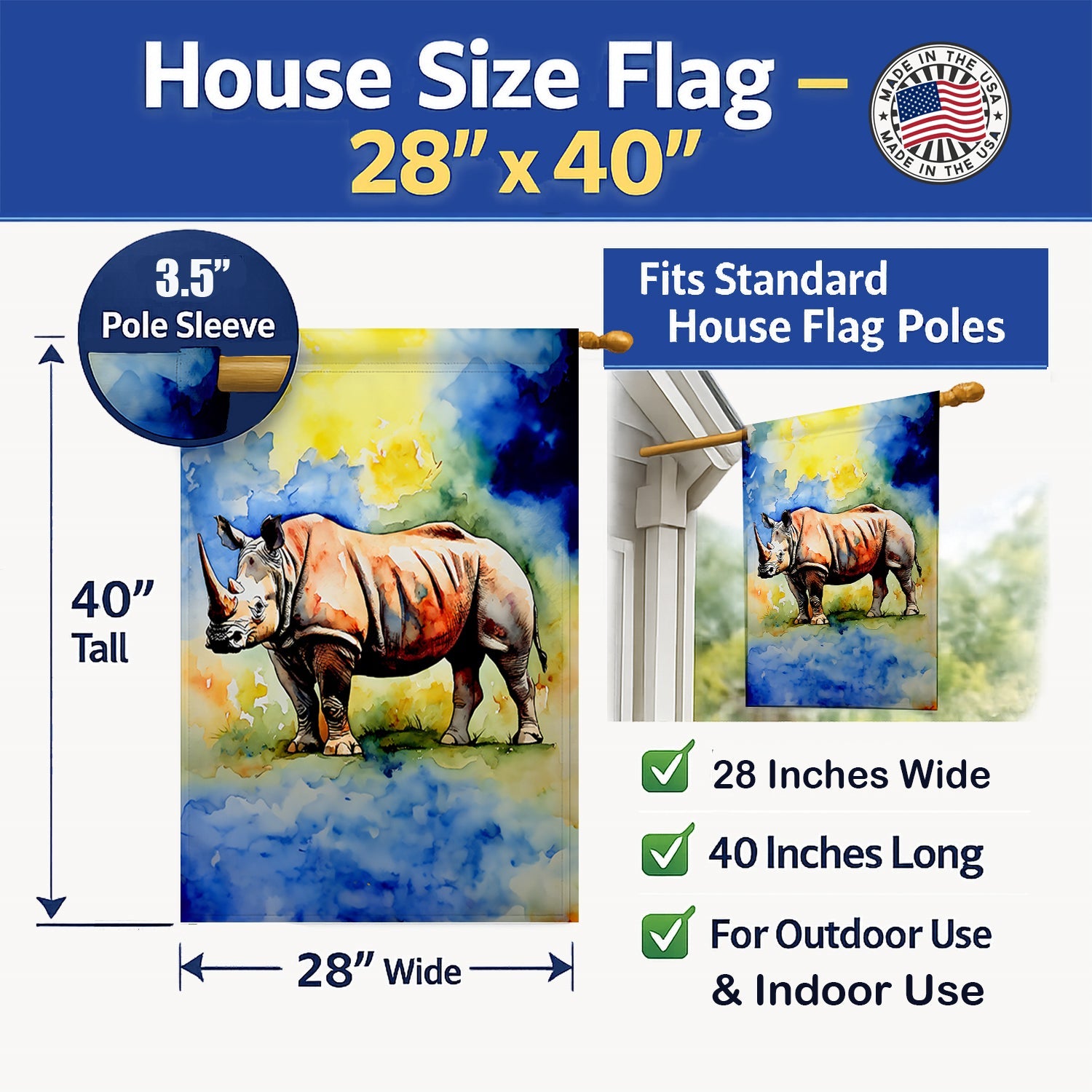 Rhinoceros House Flag 28x40 Porch Sleeve Pole Decorative Outside Yard Banner Artwork Wall Hanging, Polyester