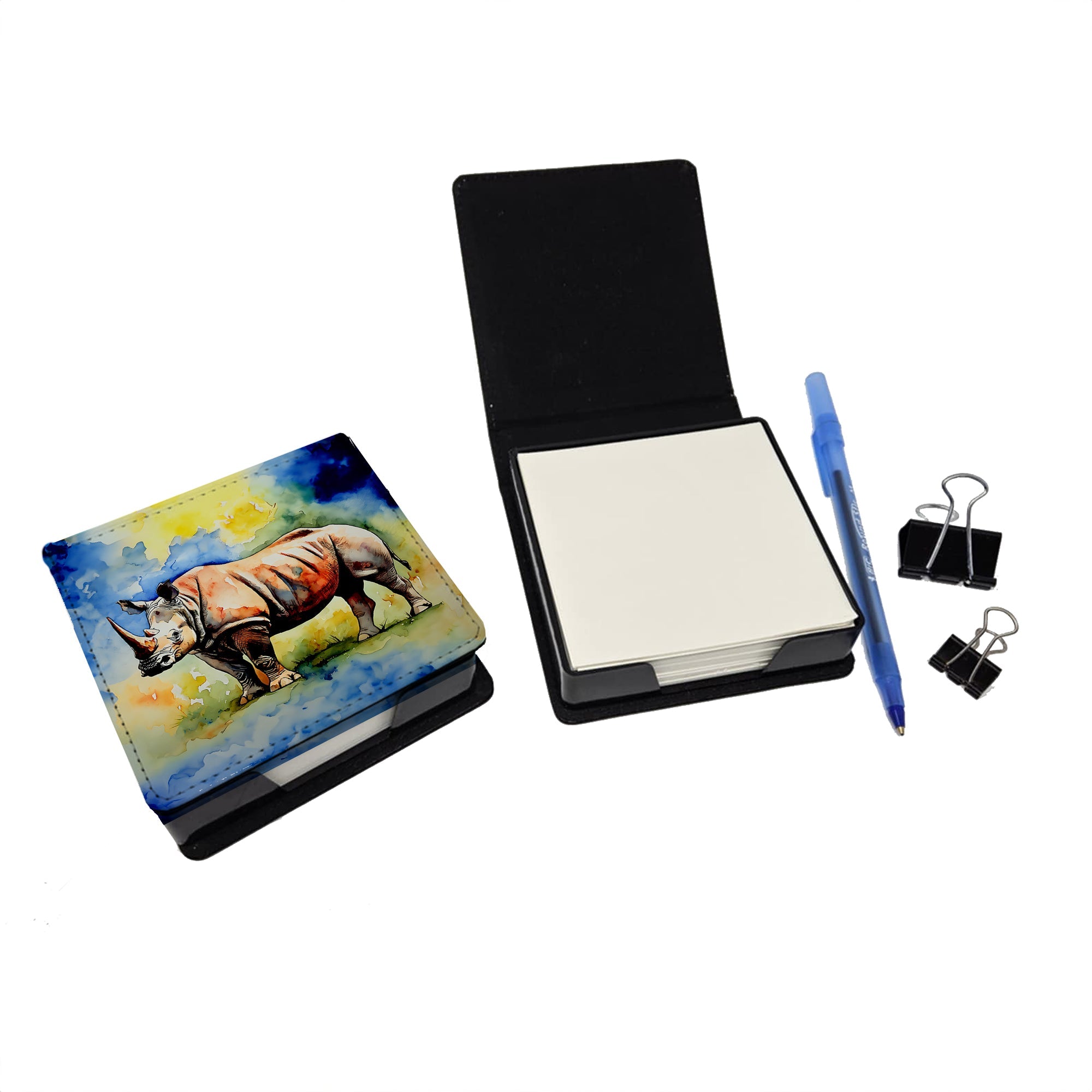 Rhinoceros PU Leather Note Paper Holder with Artist-Designed Cover, Desk Accessory, Office Gift