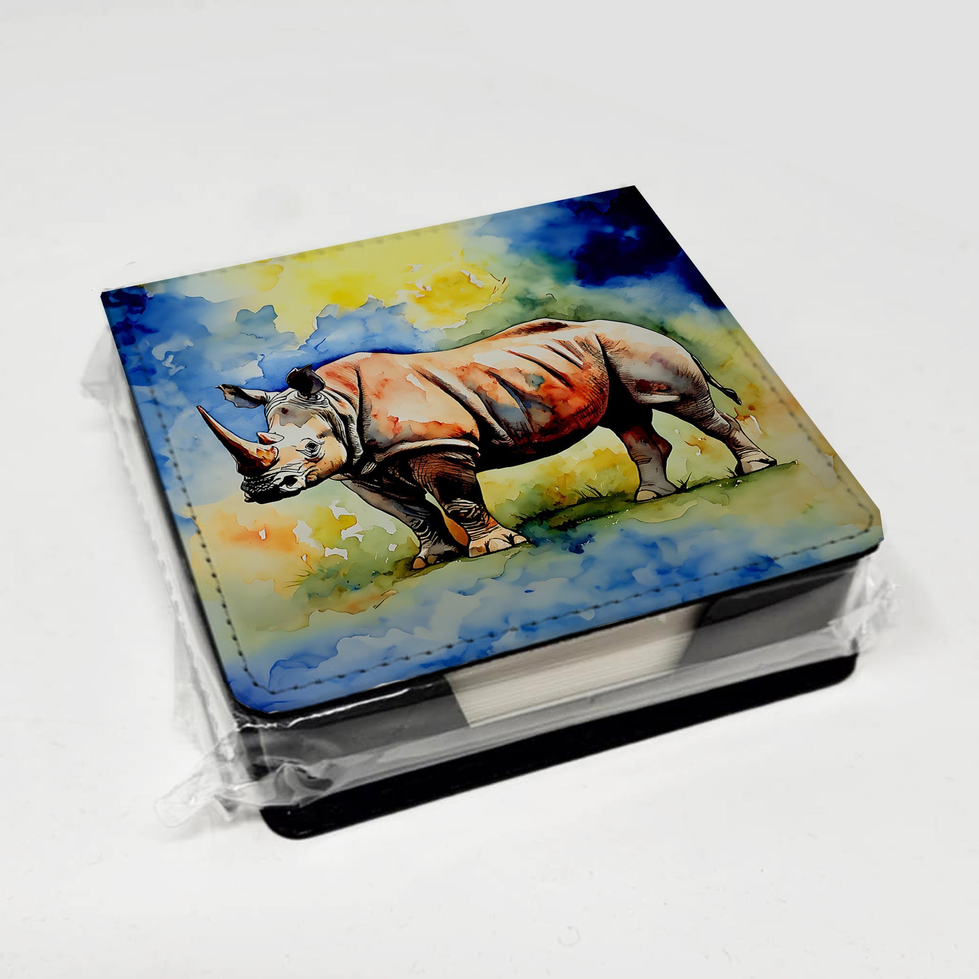 Rhinoceros PU Leather Note Paper Holder with Artist-Designed Cover, Desk Accessory, Office Gift