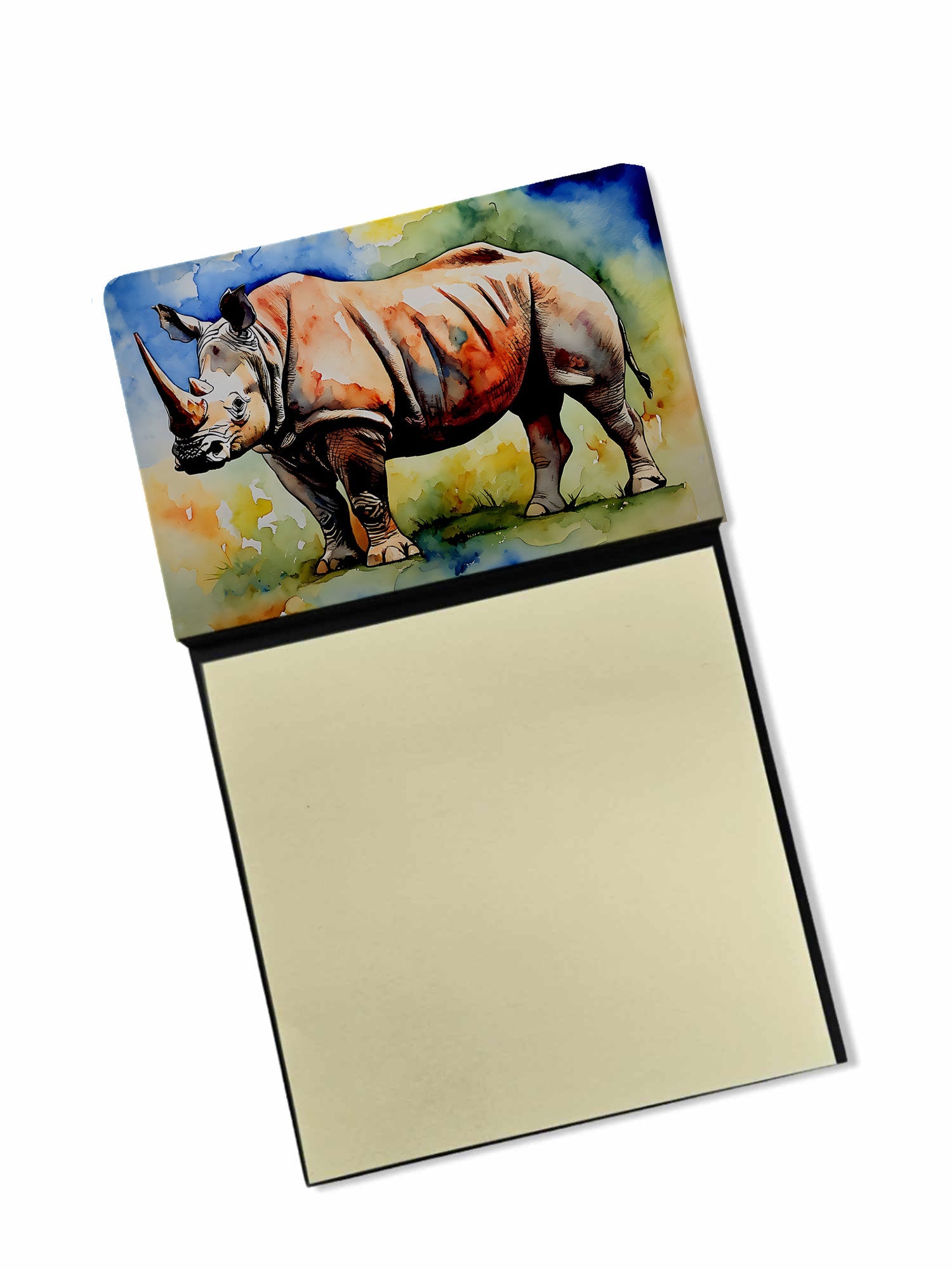 Rhinoceros Watercolor Sticky Note Holder Refillable Dispenser Desk Accessory 3x3 Pad Gift