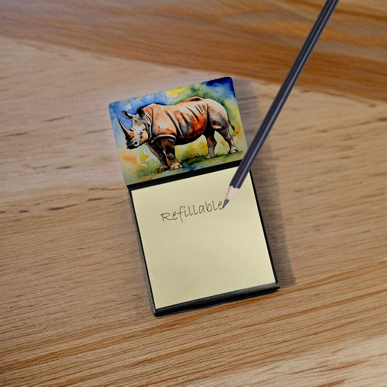 Rhinoceros Watercolor Sticky Note Holder Refillable Dispenser Desk Accessory 3x3 Pad Gift