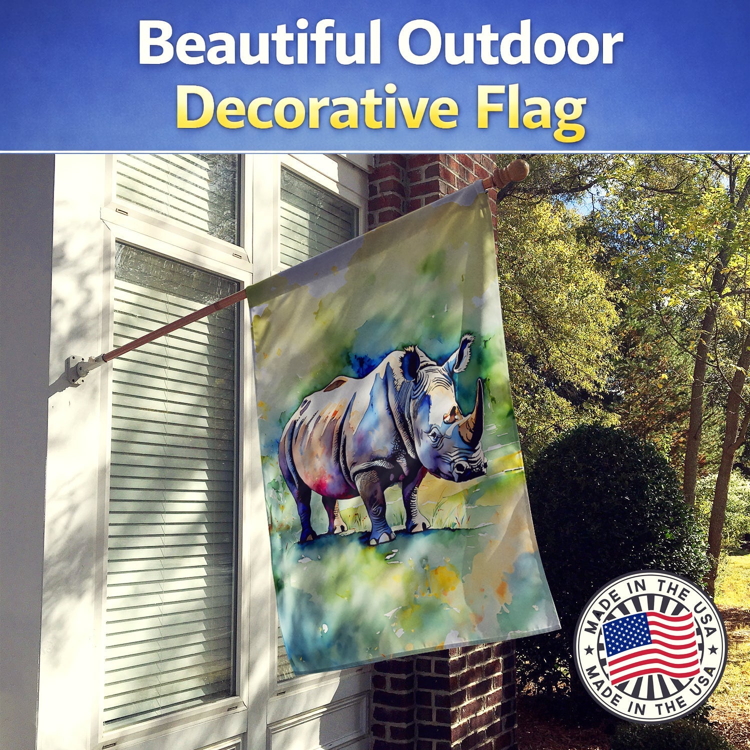 Rhinoceros House Flag 28x40 Porch Sleeve Pole Decorative Outside Yard Banner Artwork Wall Hanging, Polyester