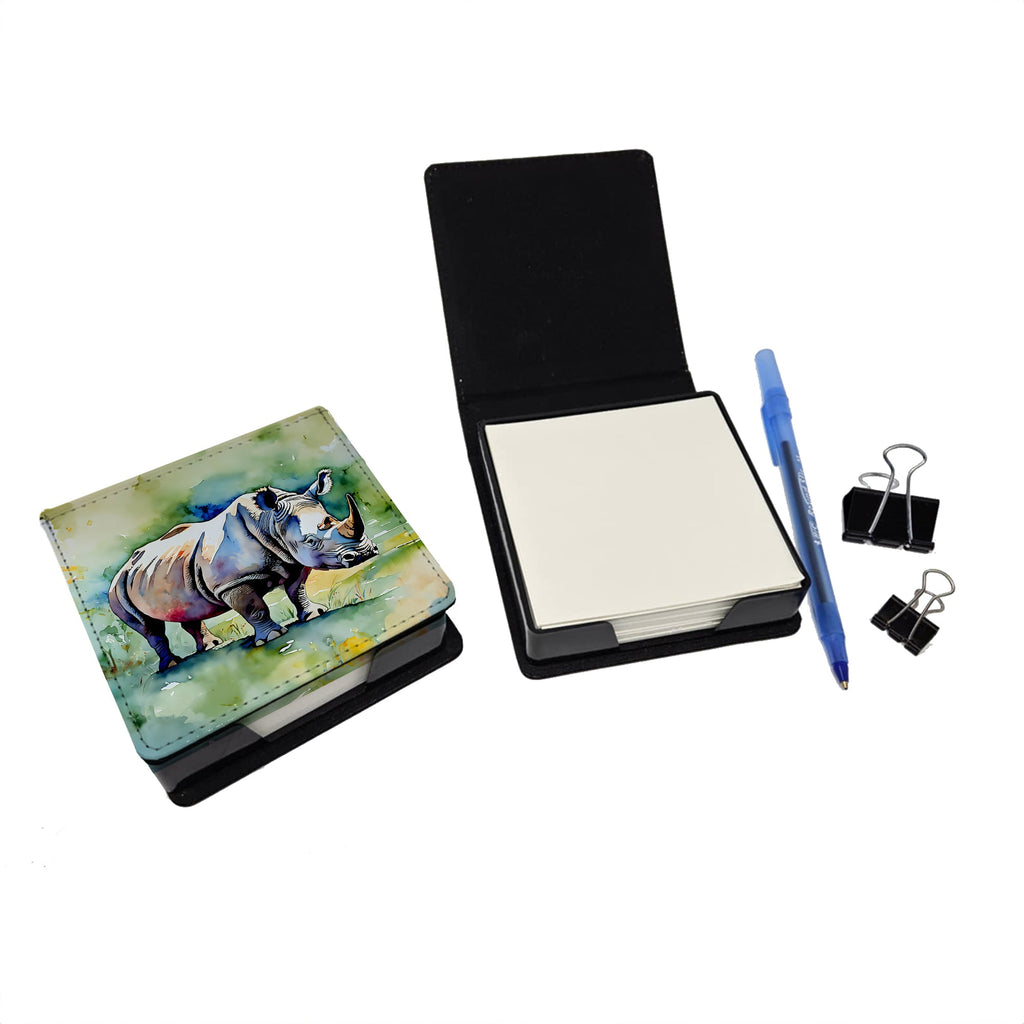 Rhinoceros PU Leather Note Paper Holder with Artist-Designed Cover, Desk Accessory, Office Gift