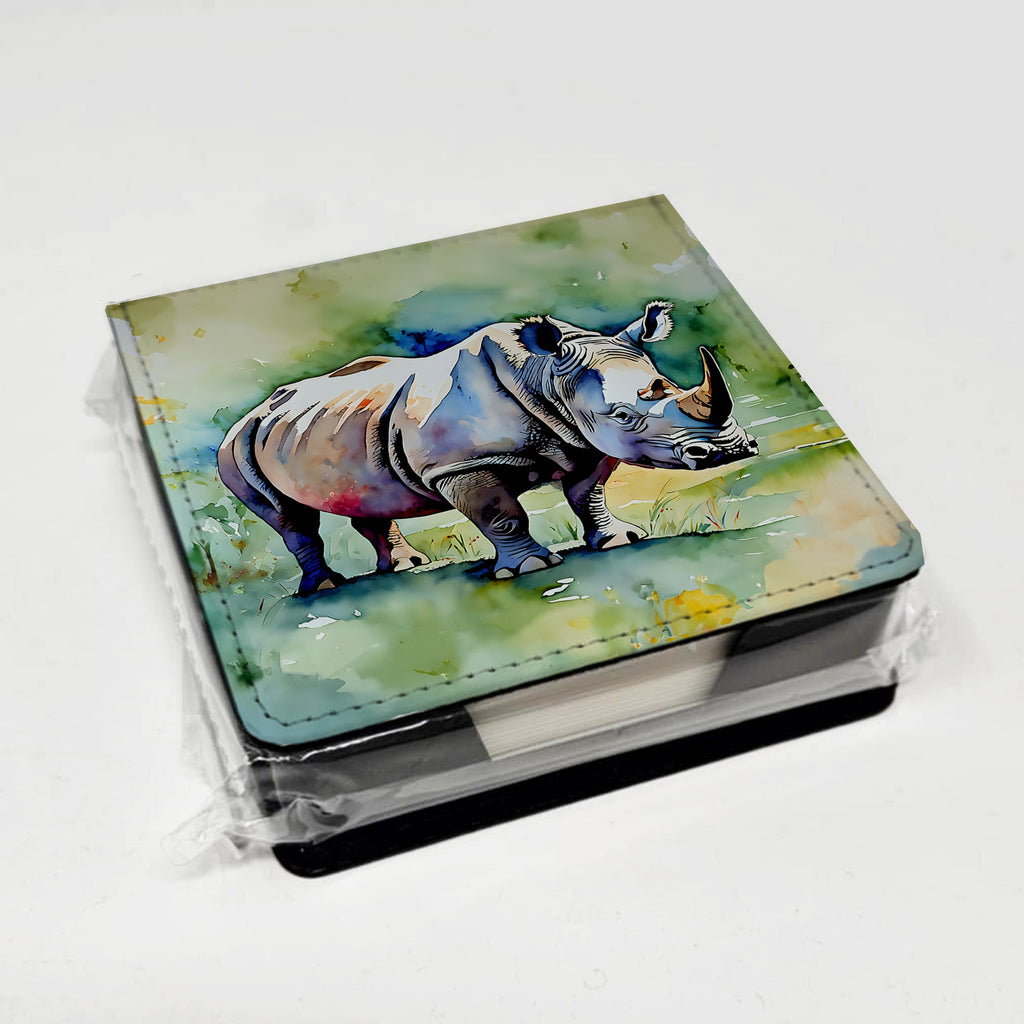 Rhinoceros PU Leather Note Paper Holder with Artist-Designed Cover, Desk Accessory, Office Gift