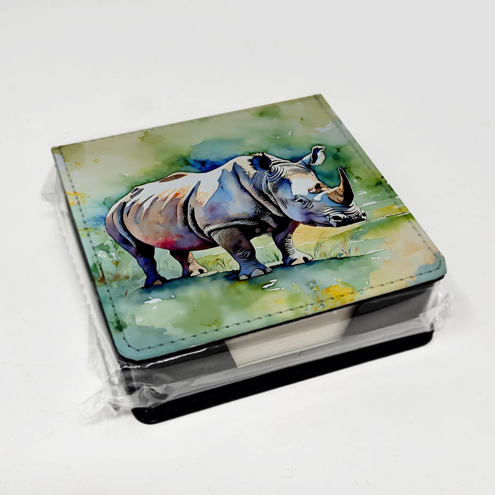 Rhinoceros PU Leather Note Paper Holder with Artist-Designed Cover, Desk Accessory, Office Gift