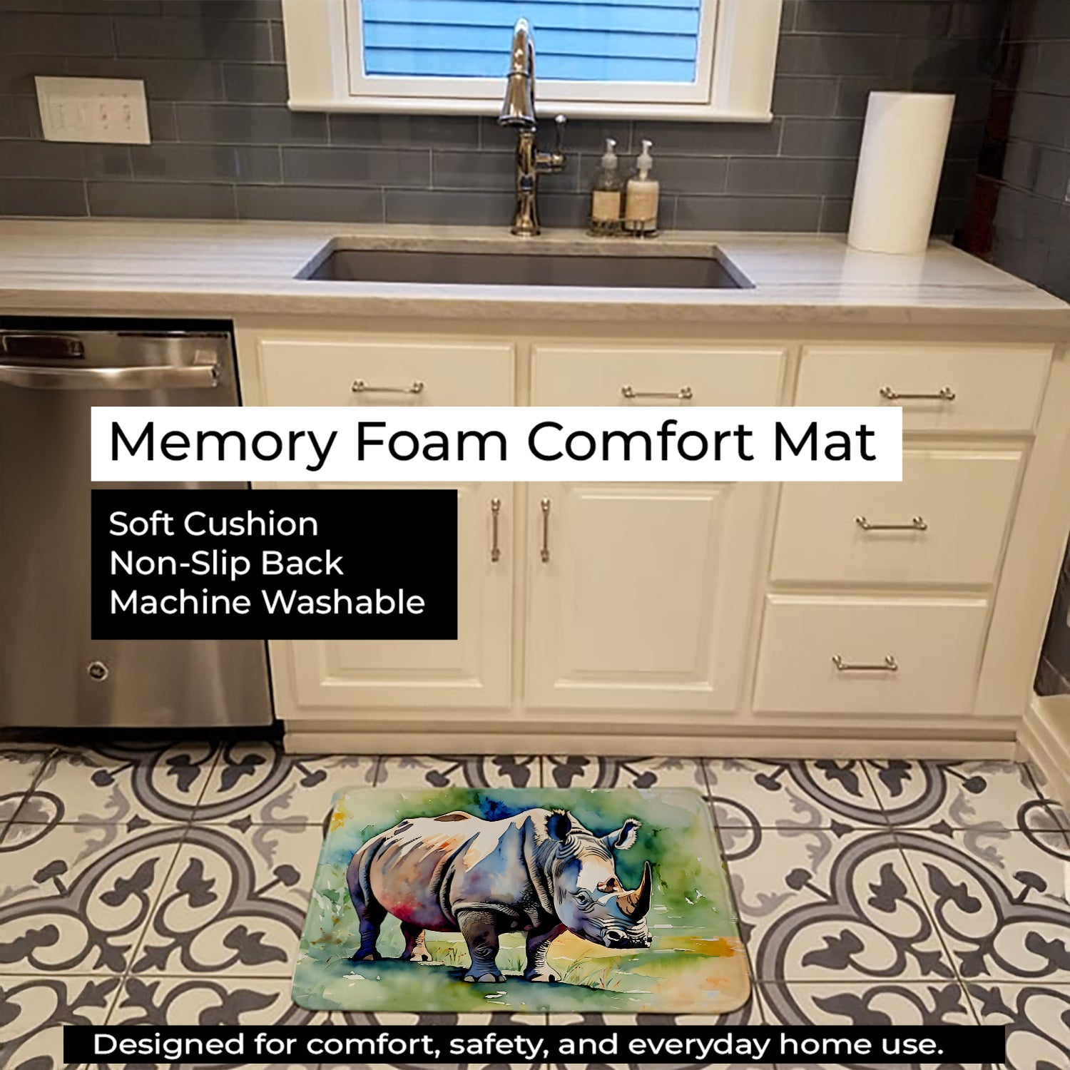 Rhinoceros Memory Foam Kitchen Mat Machine Washable Anti-Fatigue Cushion Comfort Bath or Kitchen Rug