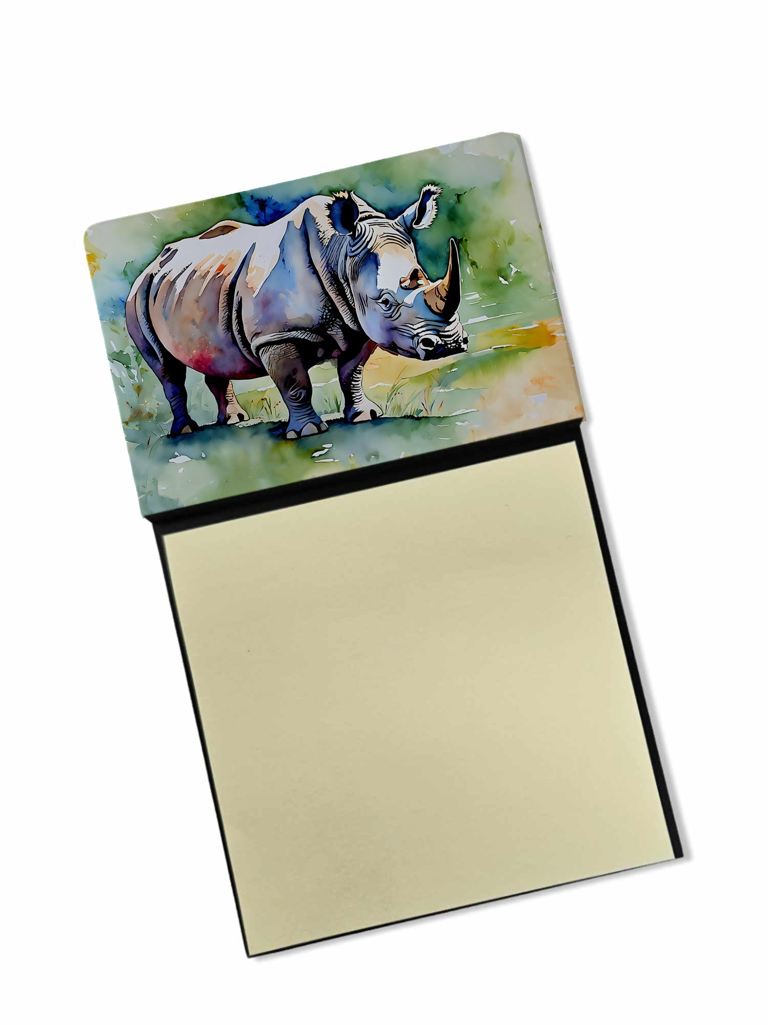 Rhinoceros Watercolor Sticky Note Holder Refillable Dispenser Desk Accessory 3x3 Pad Gift