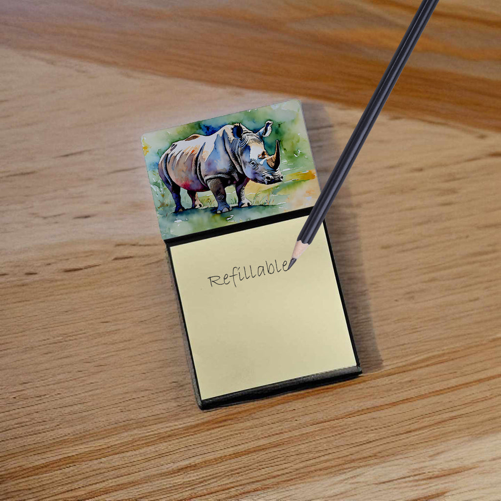 Rhinoceros Watercolor Sticky Note Holder Refillable Dispenser Desk Accessory 3x3 Pad Gift