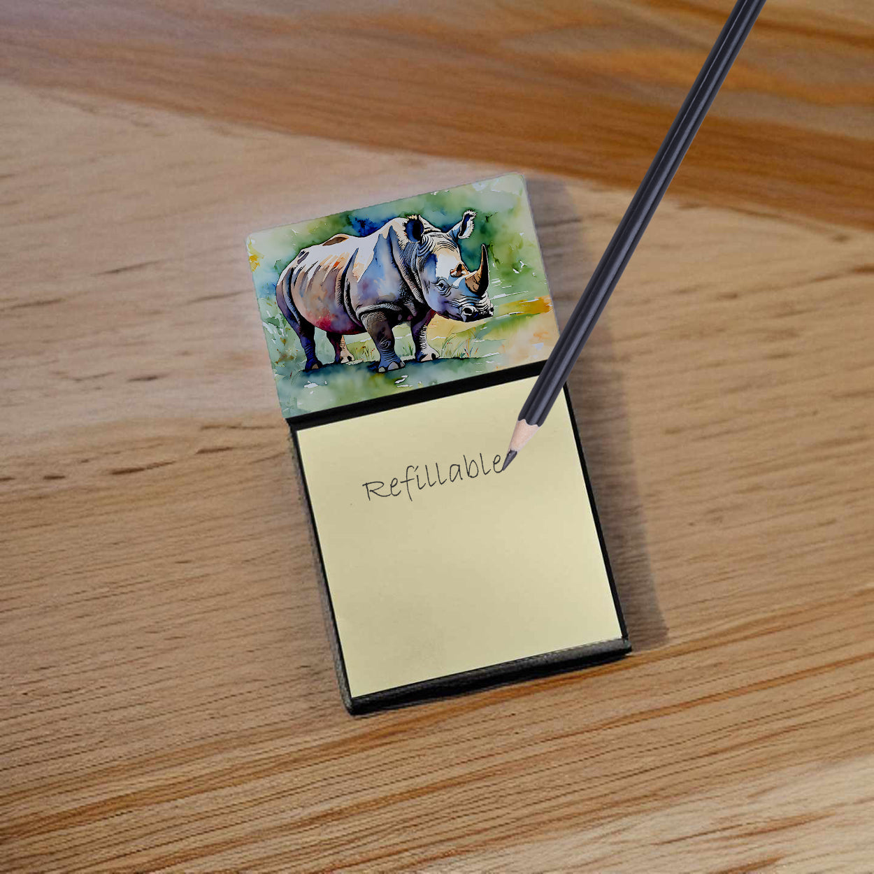 Rhinoceros Watercolor Sticky Note Holder Refillable Dispenser Desk Accessory 3x3 Pad Gift