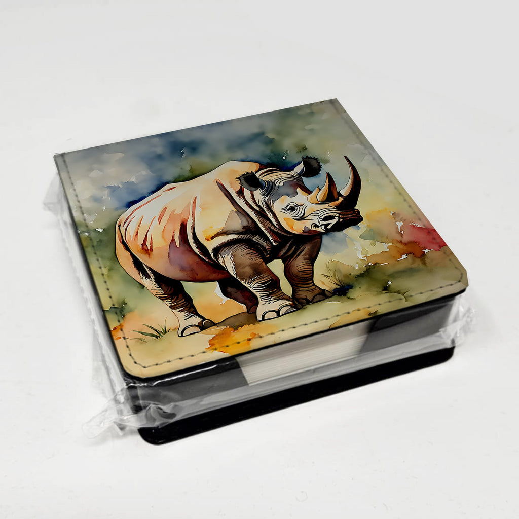 Rhinoceros PU Leather Note Paper Holder with Artist-Designed Cover, Desk Accessory, Office Gift