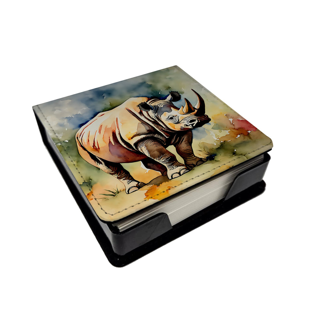 Rhinoceros PU Leather Note Paper Holder with Artist-Designed Cover, Desk Accessory, Office Gift
