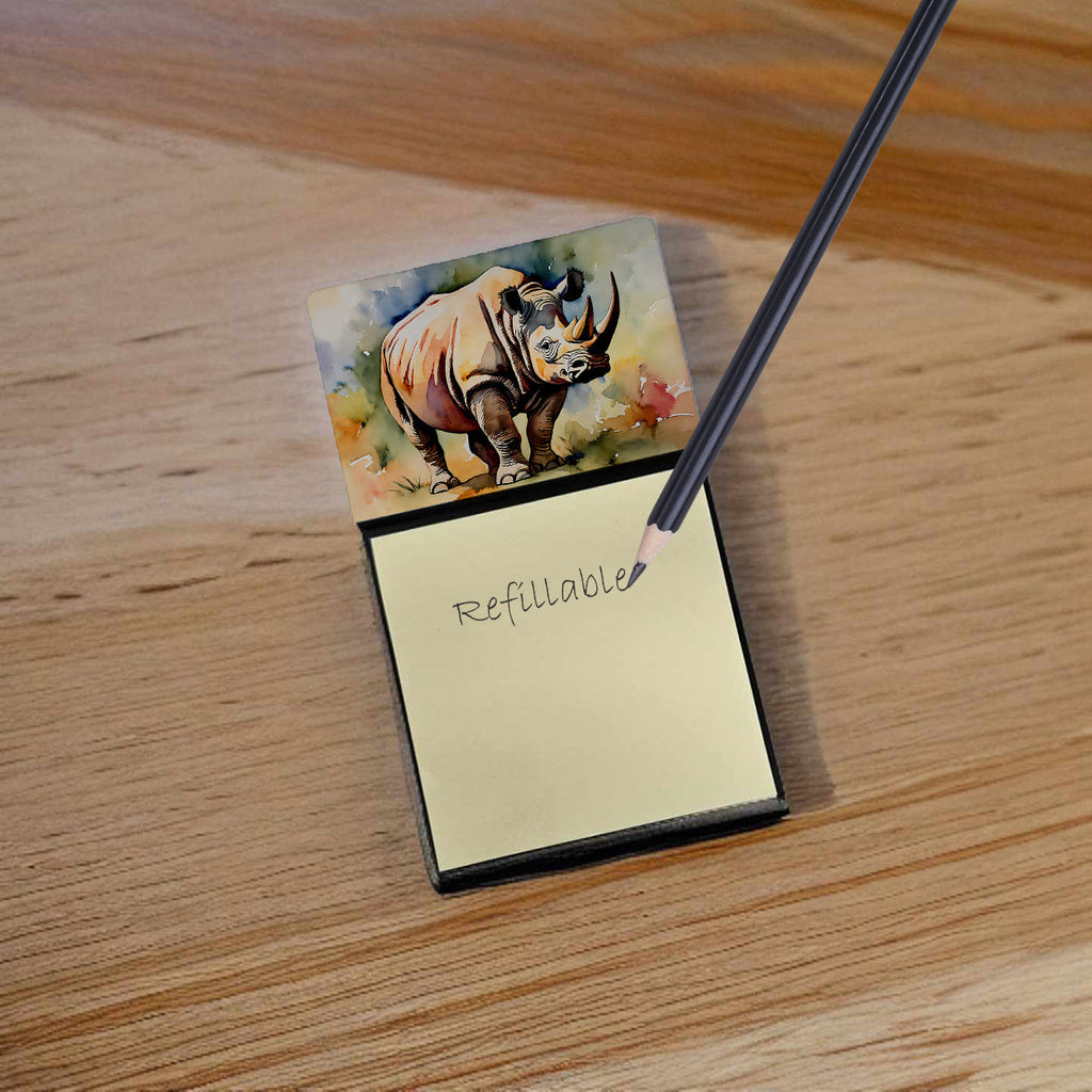 Rhinoceros Watercolor Sticky Note Holder Refillable Dispenser Desk Accessory 3x3 Pad Gift