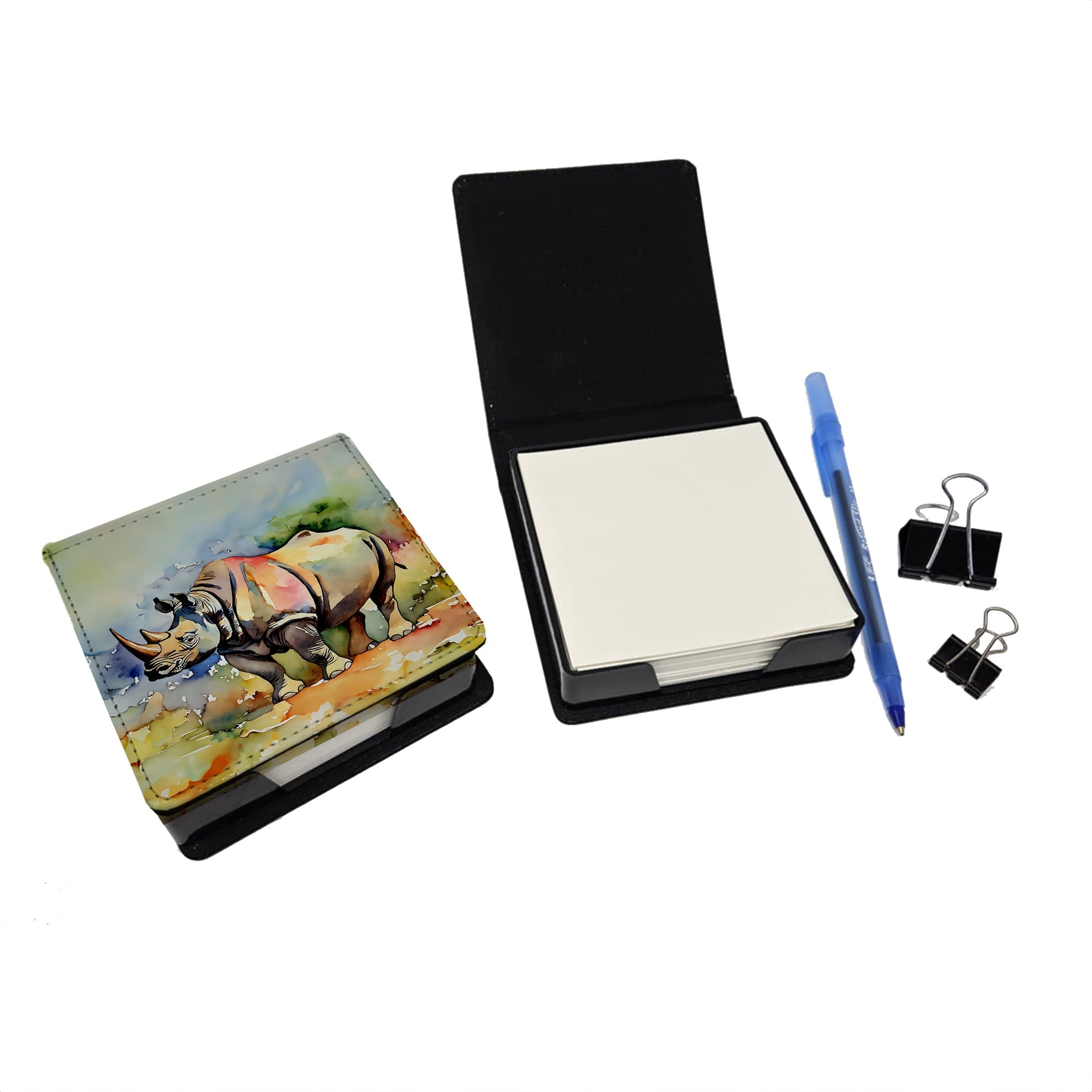 Rhinoceros PU Leather Note Paper Holder with Artist-Designed Cover, Desk Accessory, Office Gift
