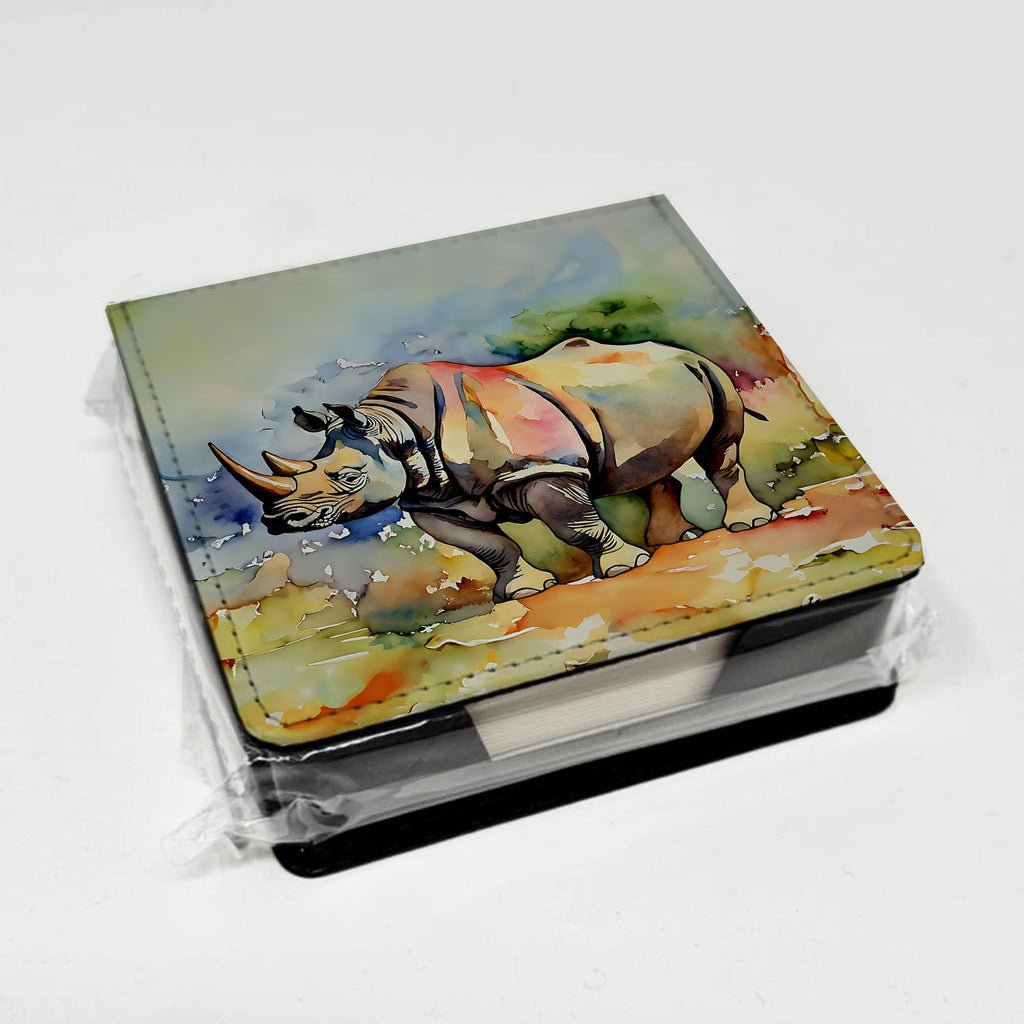 Rhinoceros PU Leather Note Paper Holder with Artist-Designed Cover, Desk Accessory, Office Gift