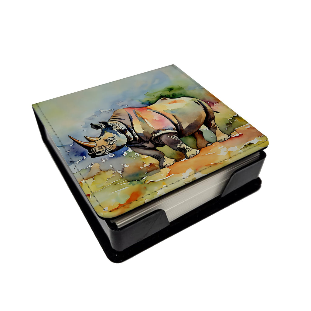 Rhinoceros PU Leather Note Paper Holder with Artist-Designed Cover, Desk Accessory, Office Gift