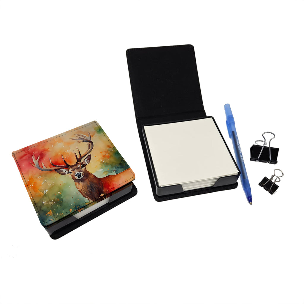 Deer Stag PU Leather Note Paper Holder with Artist-Designed Cover, Desk Accessory, Office Gift
