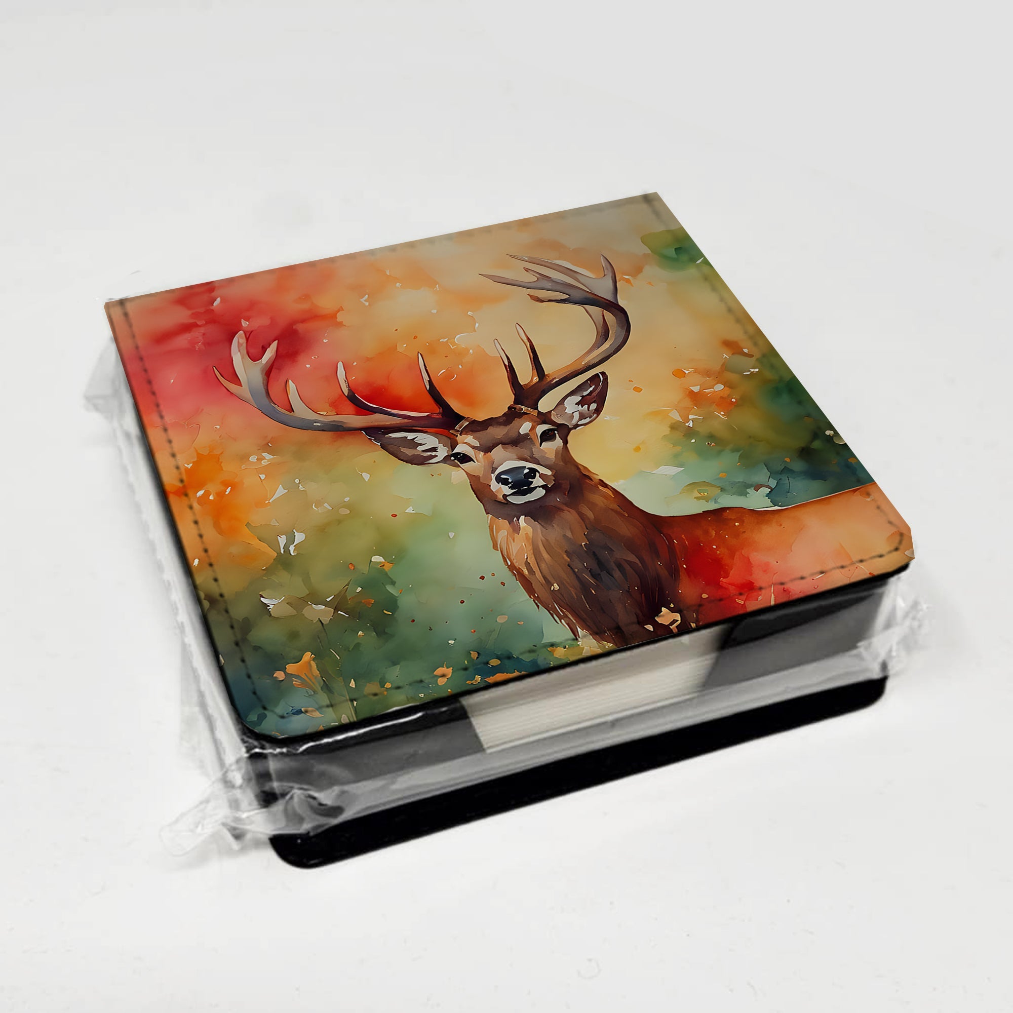 Deer Stag PU Leather Note Paper Holder with Artist-Designed Cover, Desk Accessory, Office Gift