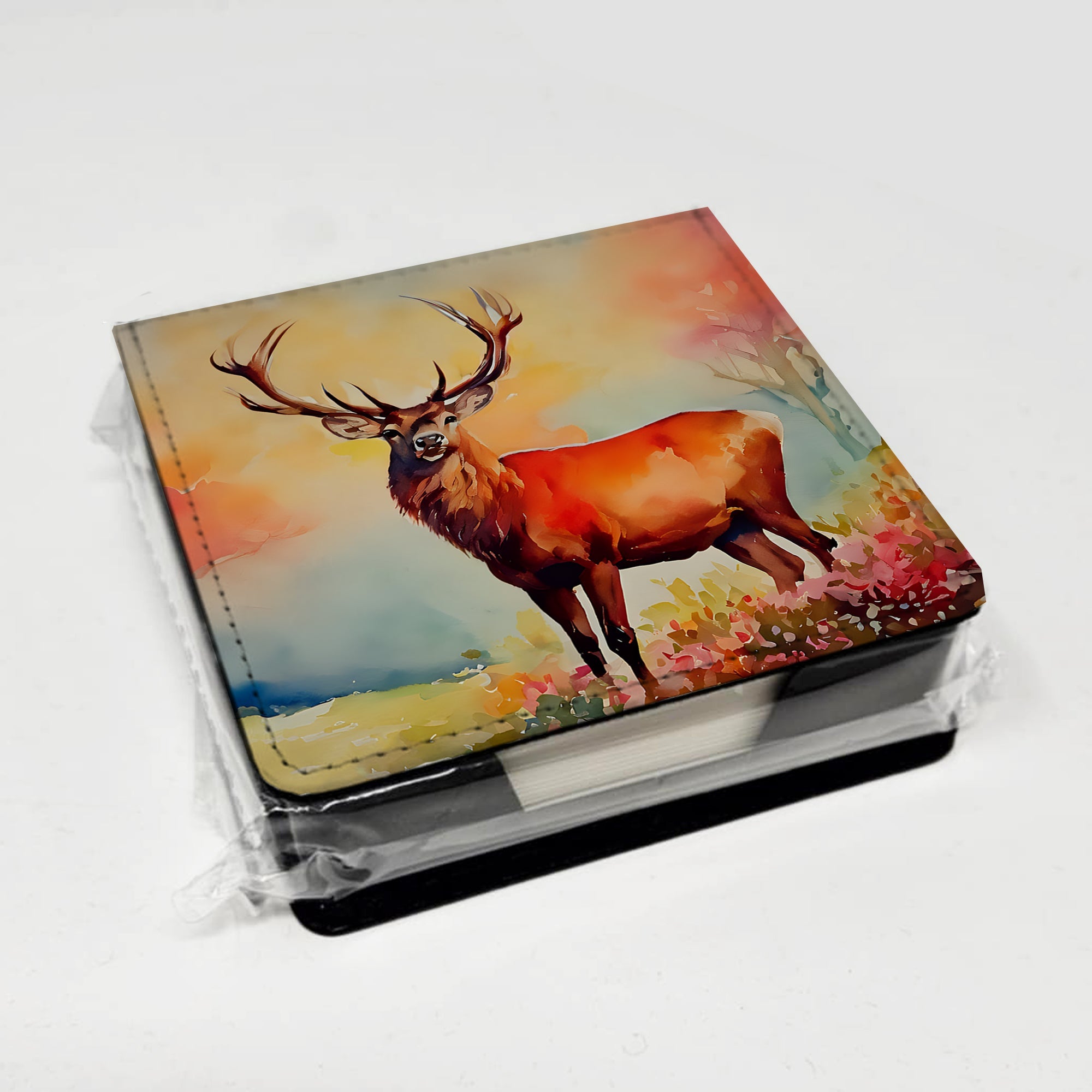 Deer Stag PU Leather Note Paper Holder with Artist-Designed Cover, Desk Accessory, Office Gift