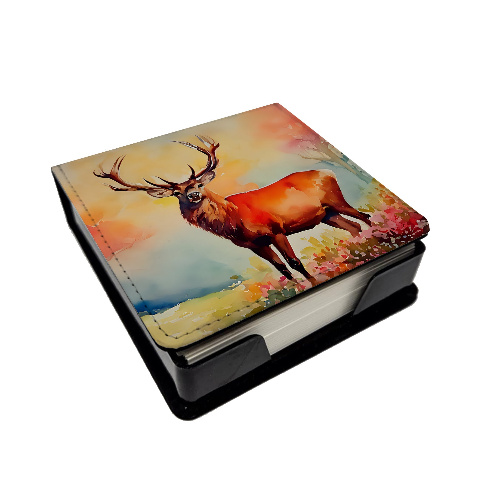 Deer Stag PU Leather Note Paper Holder with Artist-Designed Cover, Desk Accessory, Office Gift