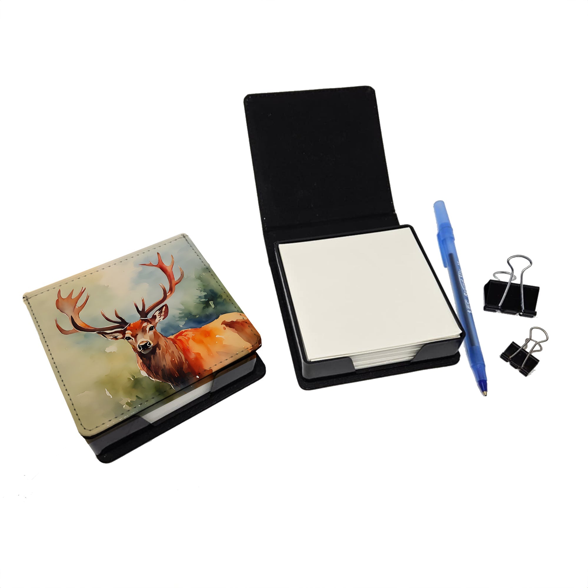 Deer Stag PU Leather Note Paper Holder with Artist-Designed Cover, Desk Accessory, Office Gift