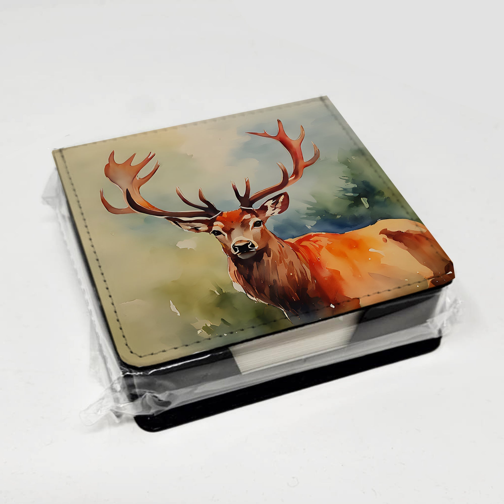 Deer Stag PU Leather Note Paper Holder with Artist-Designed Cover, Desk Accessory, Office Gift