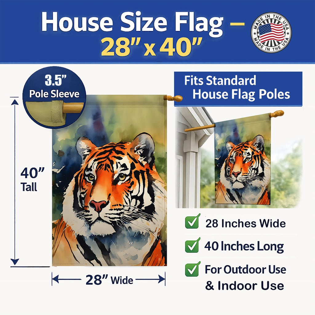 Tiger House Flag 28x40 Porch Sleeve Pole Decorative Outside Yard Banner Artwork Wall Hanging, Polyester