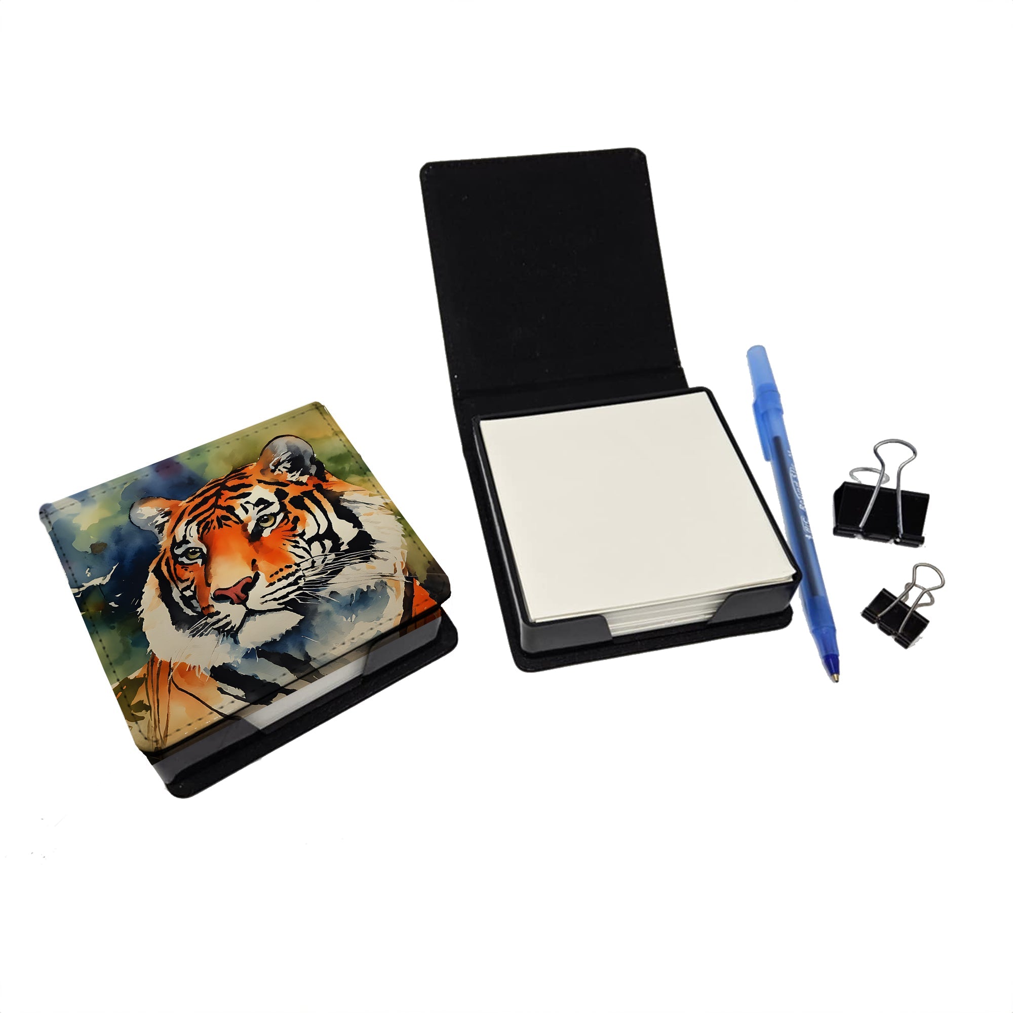 Tiger PU Leather Note Paper Holder with Artist-Designed Cover, Desk Accessory, Office Gift