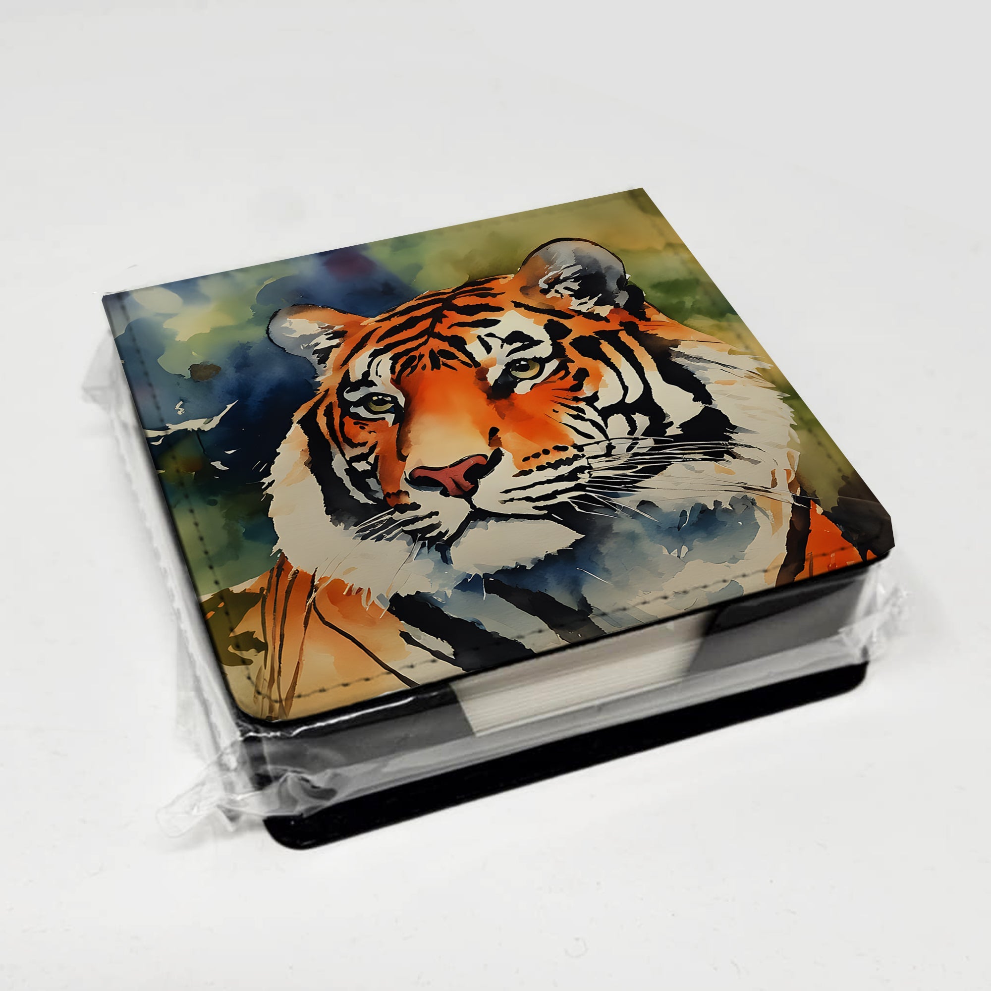 Tiger PU Leather Note Paper Holder with Artist-Designed Cover, Desk Accessory, Office Gift
