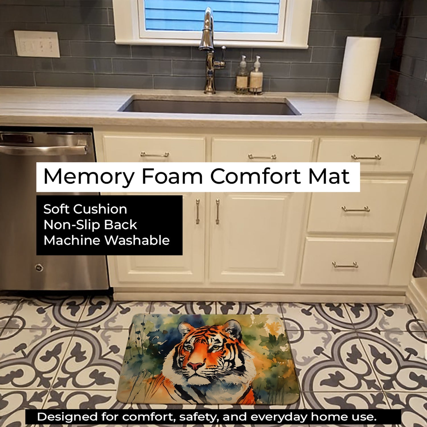 Tiger Memory Foam Kitchen Mat Machine Washable Anti-Fatigue Cushion Comfort Bath or Kitchen Rug