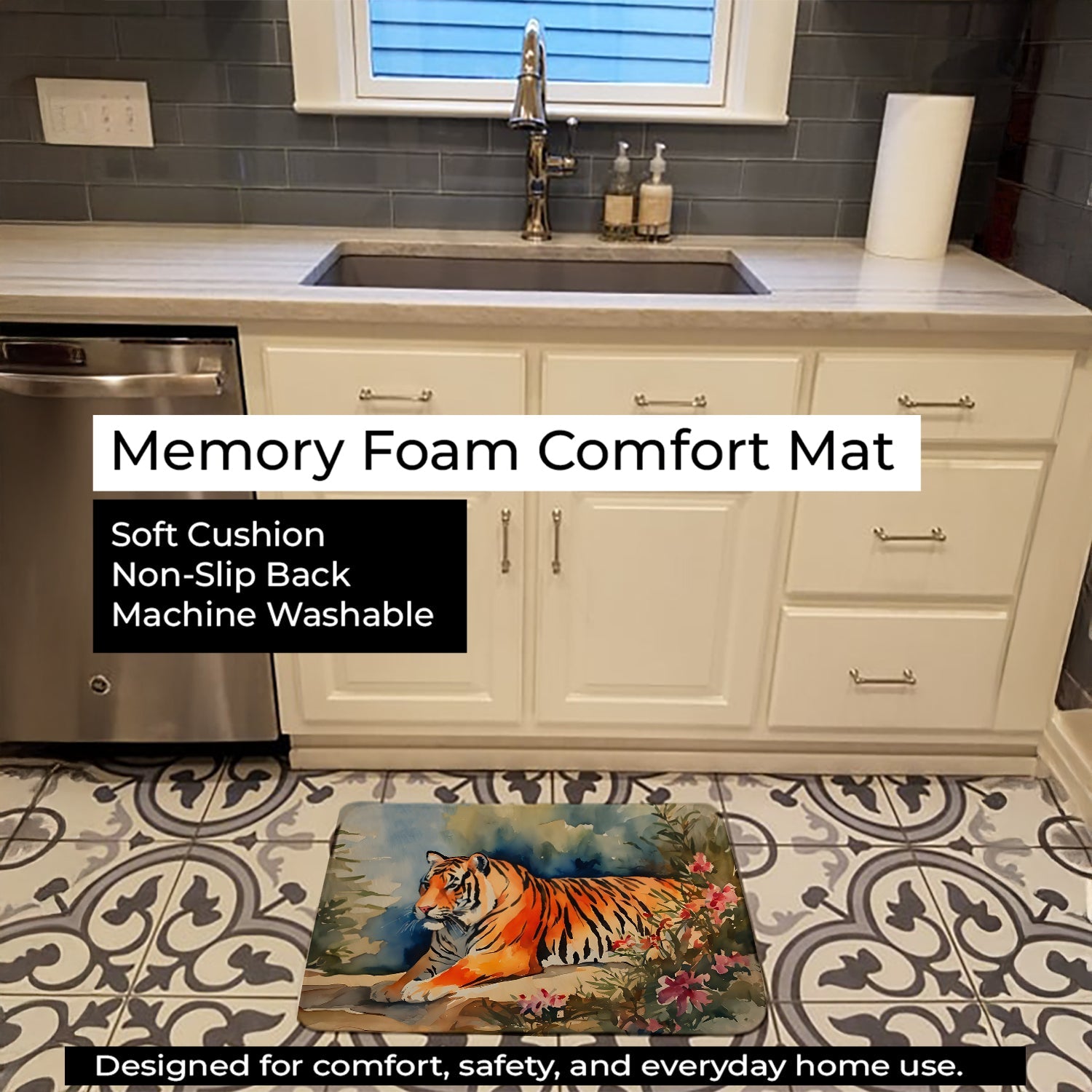 Tiger Memory Foam Kitchen Mat Machine Washable Anti-Fatigue Cushion Comfort Bath or Kitchen Rug