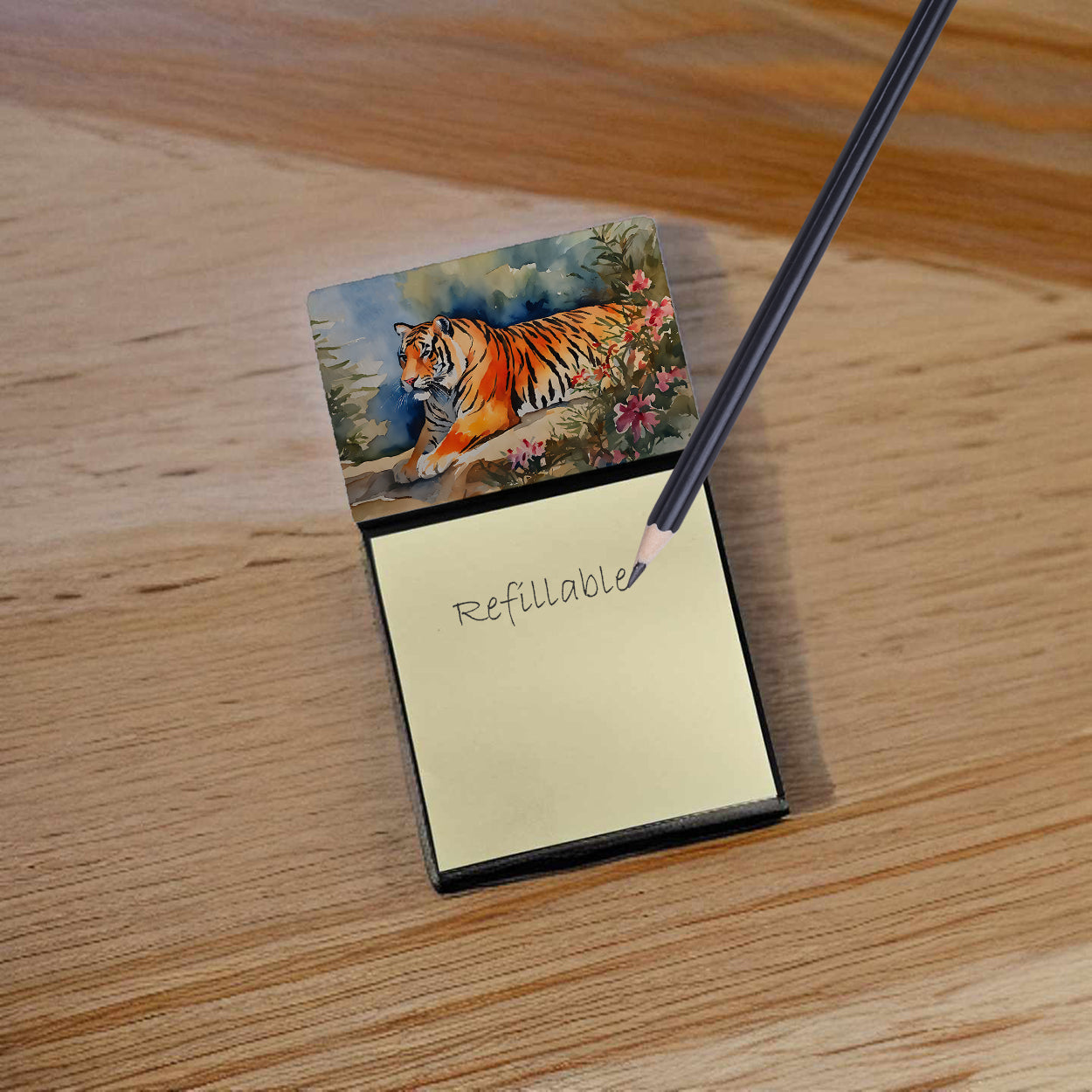 Tiger Watercolor Sticky Note Holder Refillable Dispenser Desk Accessory 3x3 Pad Gift