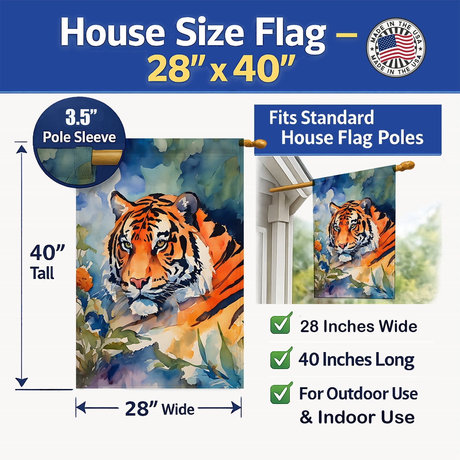 Tiger House Flag 28x40 Porch Sleeve Pole Decorative Outside Yard Banner Artwork Wall Hanging, Polyester