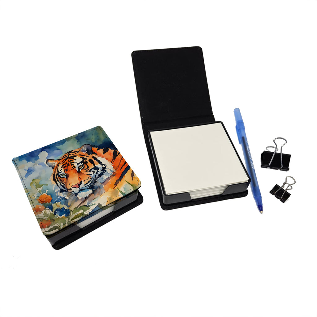 Tiger PU Leather Note Paper Holder with Artist-Designed Cover, Desk Accessory, Office Gift